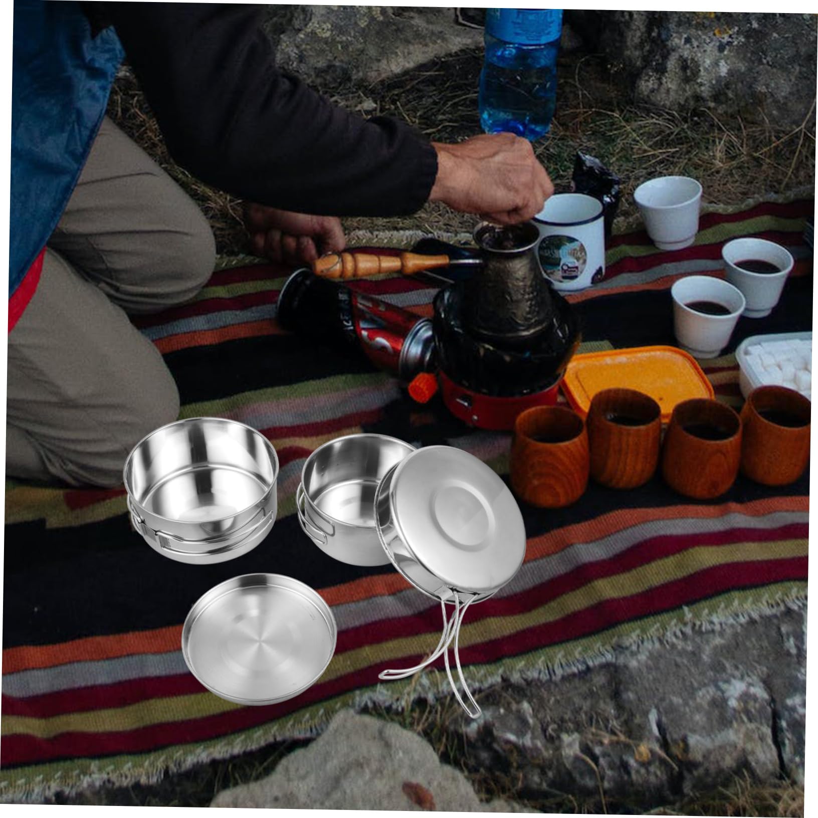 Toddmomy Edelstahl Camping Kochset 1 Satz mit Topf und Pfanne in Silber