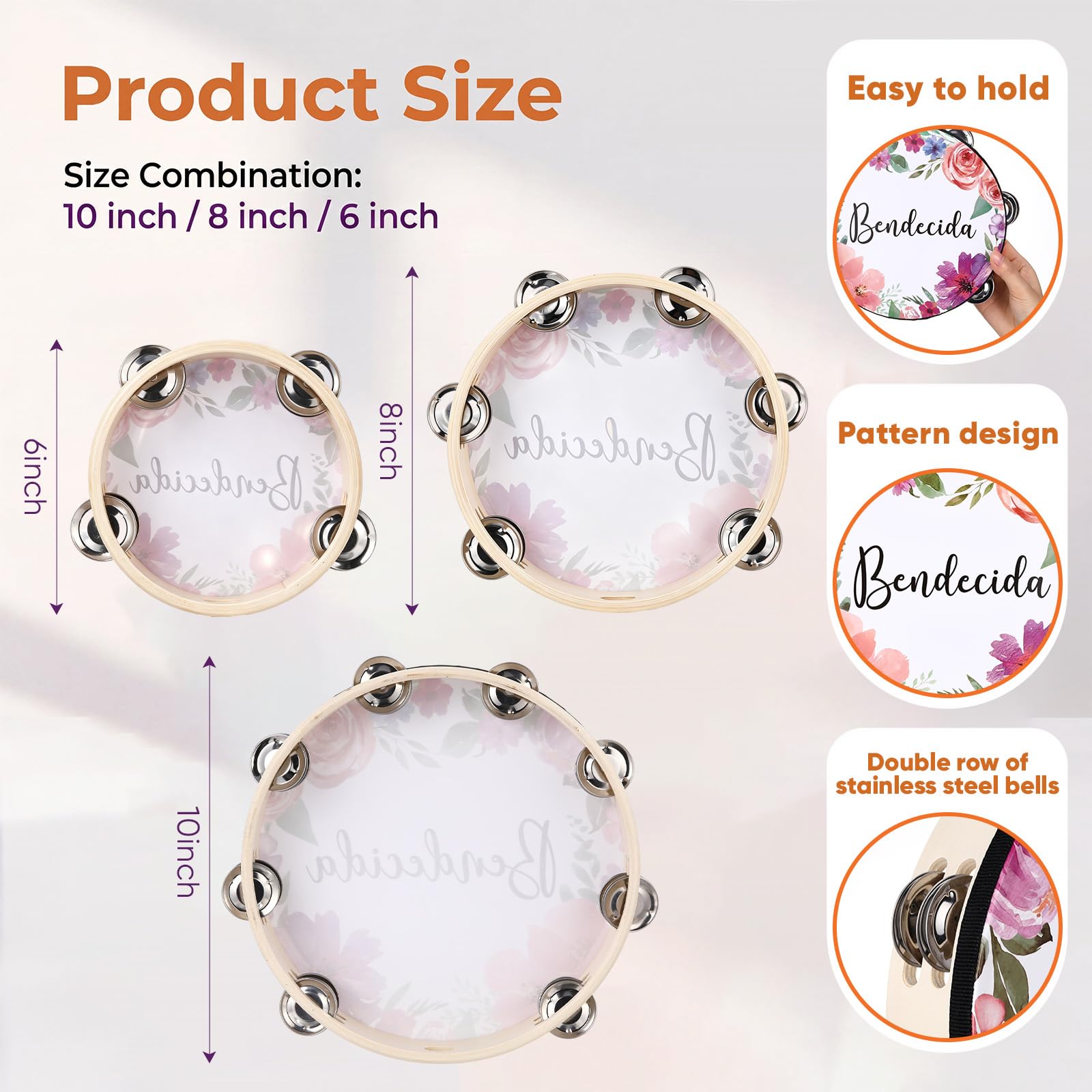 Lot de 3 tambourins espagnols bénis pour adultes d'église - Tambourin de danse chrétienne - 15,2 cm, 20,3 cm, 25,4 cm - Double rangée de jingles de la Bible - Tambourin pour chorale d'église