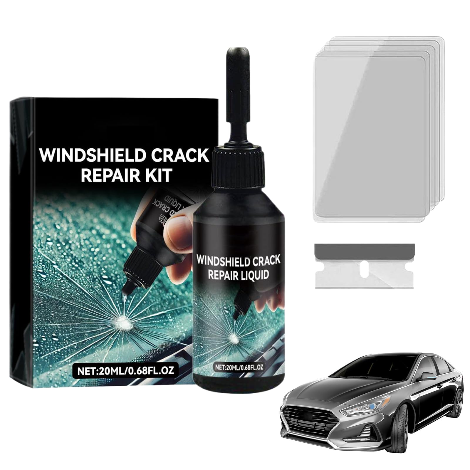 Kit Reparation Pare Brise, Liquide De Colle De Réparation De Vitres De Voiture, Kit de Réparation de Fissures de Pare-Bris, Windscreen Glue pour Verre Fissures, Toile D'araignée, étoile, Entaille