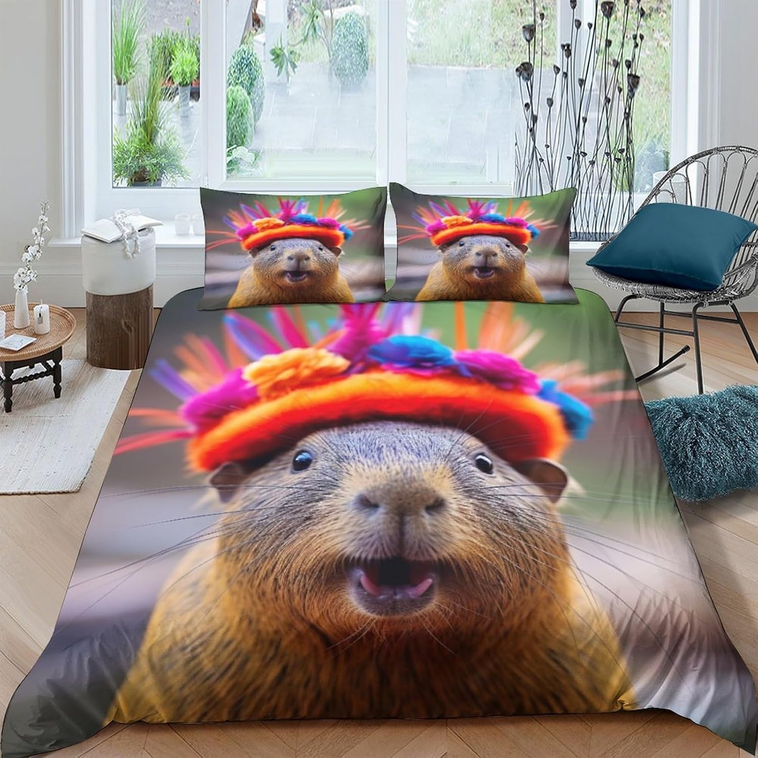 Housse de couette capybara 260x230 imprimée parure lit microfibre 3 pièces