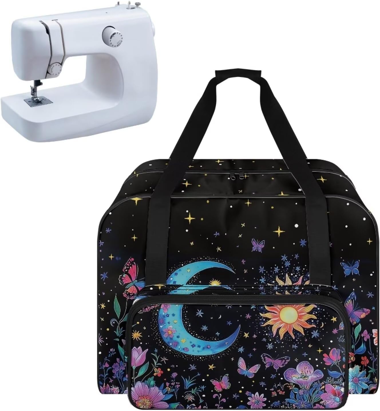 Moon and Flowers Sewing Sewing Machine Carrying Case Tote Bag, Portable Sewing Machine Carry Cover Bags with Zippers, Pocket and Handle for Most Standard Sewing Machines