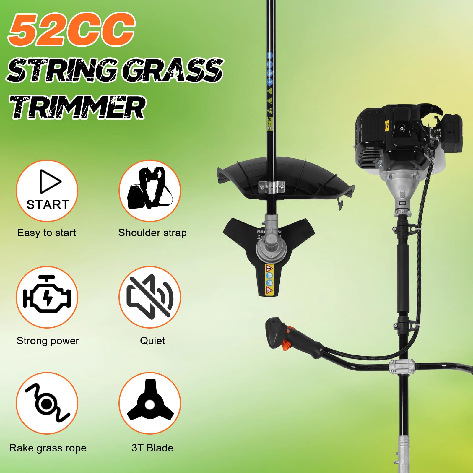 Desbrozador de hierbas de gas de 52 cc, 1.3 kW, 7000 rpm, cortador de cepillo de 2 tiempos, cortador de malezas de gas de eje dividido para bordes de césped, malezas densas, limpieza de patio, tanque