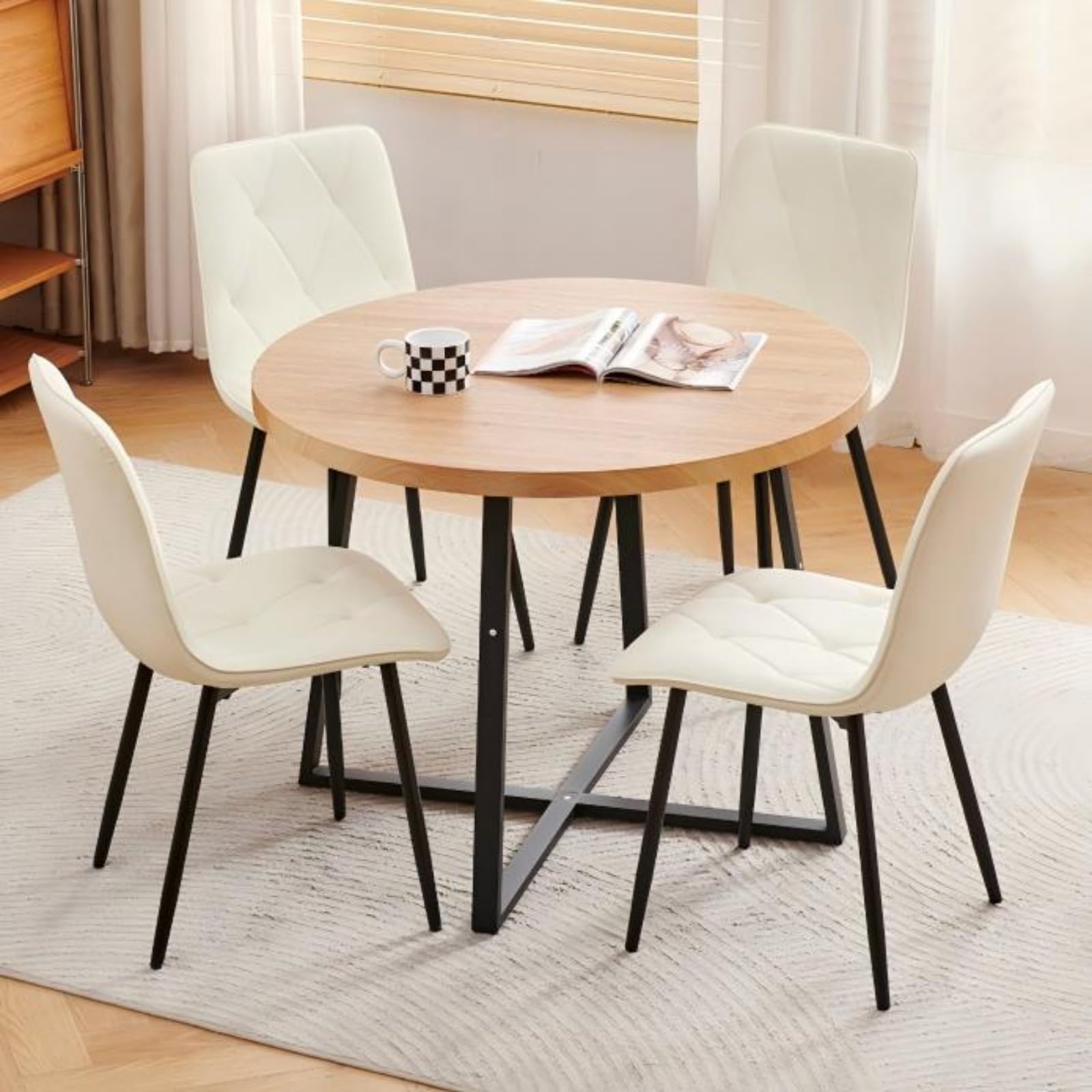 Homullel Round Dining Table and Chairs Set 4 Seater Kitchen Dining Set, 5 Pieces Table & Chairs Dinner Table Set for 4 (Oak Round Straight, 4 Seats, Ivory White Faux Leather Diamond)