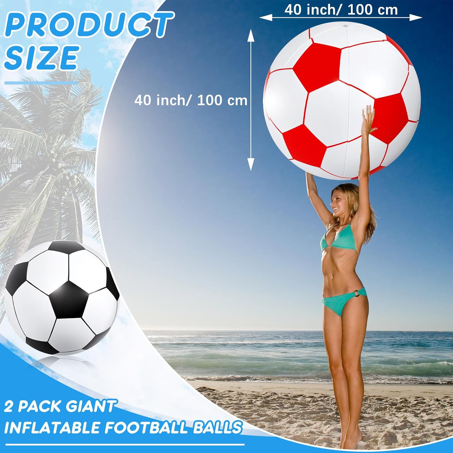 Lewtemi 2 Pcs 40 Inch Giant Inflatable Soccer Ball Large Huge Beach Balloons Oversized Football Sport Birthday Party Decoration Favor Gift Pool Supplies for Outdoor Game Summer Activity Black, Red image 2 of 7 B0F9YWQHZ1