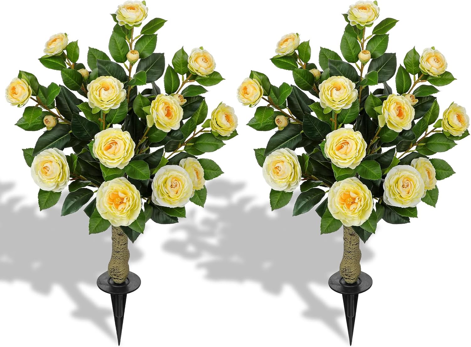 33" Artificial Camellia Tree with Ground Spike, Faux Bushes Plants with Fake Flowers, 2 Pack Realistic Blooming Shrubs for Front Porch Pots, Patio Yard Landscape, Outdoor Garden Walkway Decor, Orange