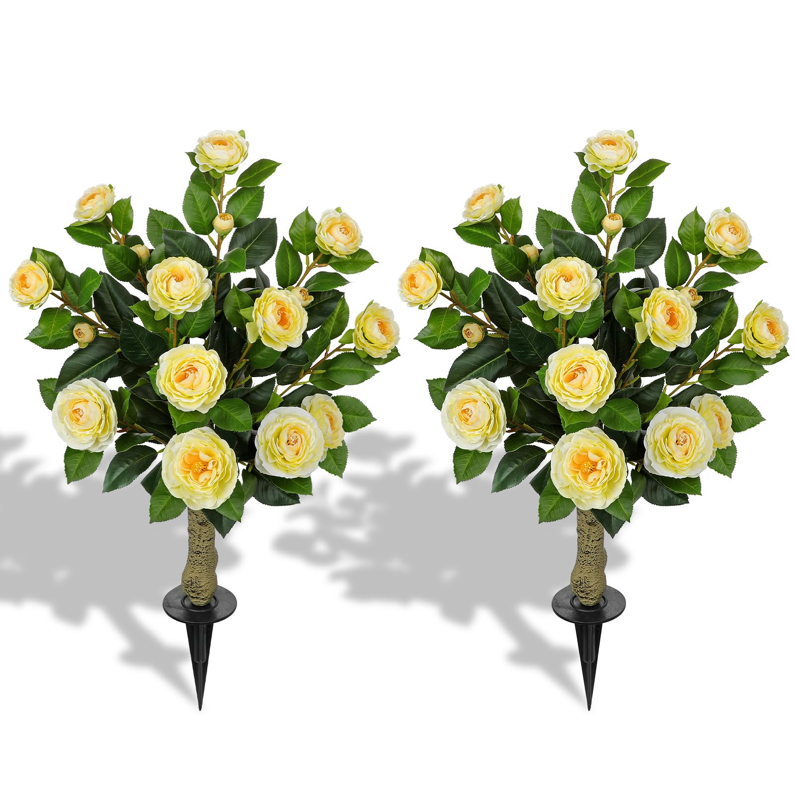 33" artificial camellia tree with ground spike, faux bushes plants with fake flowers, 2 pack realistic blooming shrubs for front porch pots, patio yard landscape, outdoor garden walkway decor, yellow