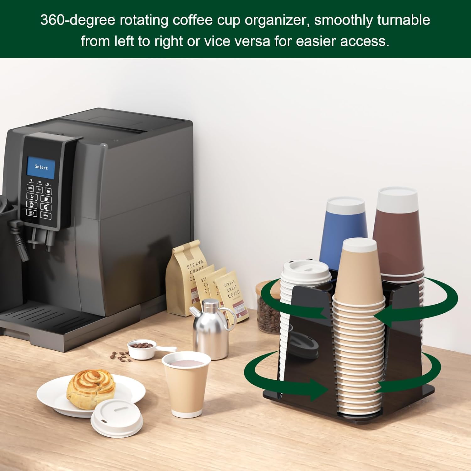 Coffee Cup Organizer for Countertop - Rotating Plastic Cup Holder 4 Compartments Black Acrylic Cup and Lid Holder for Coffee Bar Restaurant Breakroom Disposable Paper Coffee Cup Dispenser image 2