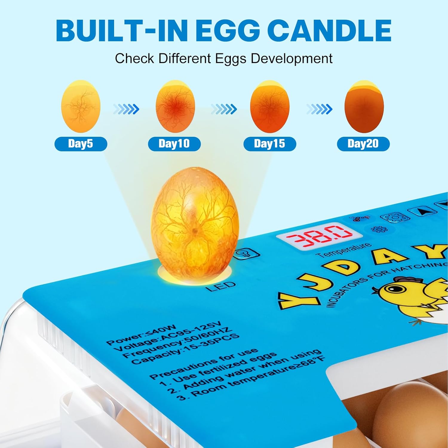 Incubators for Hatching Eggs 15-35 Eggs Incubator with Automatic Egg Turning and ℉Temperature Display LED Candler Poultry Incubator for Hatching Chicken Duck and Quail Incubator (Blue)