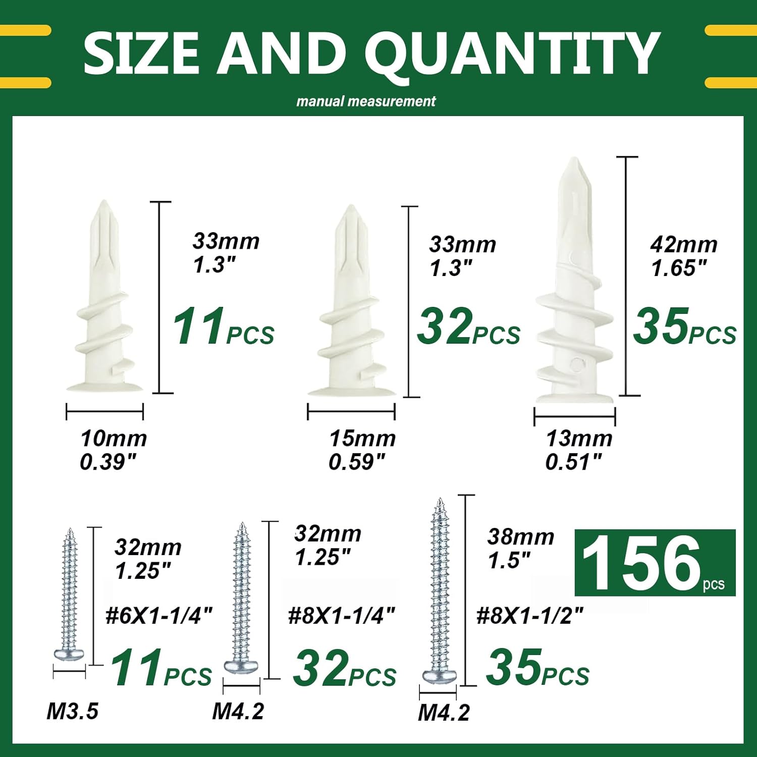 156PCS Self Drilling Drywall Anchors and Screws for Drywall,3 Sizes Nylon Plastic Wall Anchors,13x42mm,15x33mm, 10x33mm,No Pre Drill Hole Preparation Required