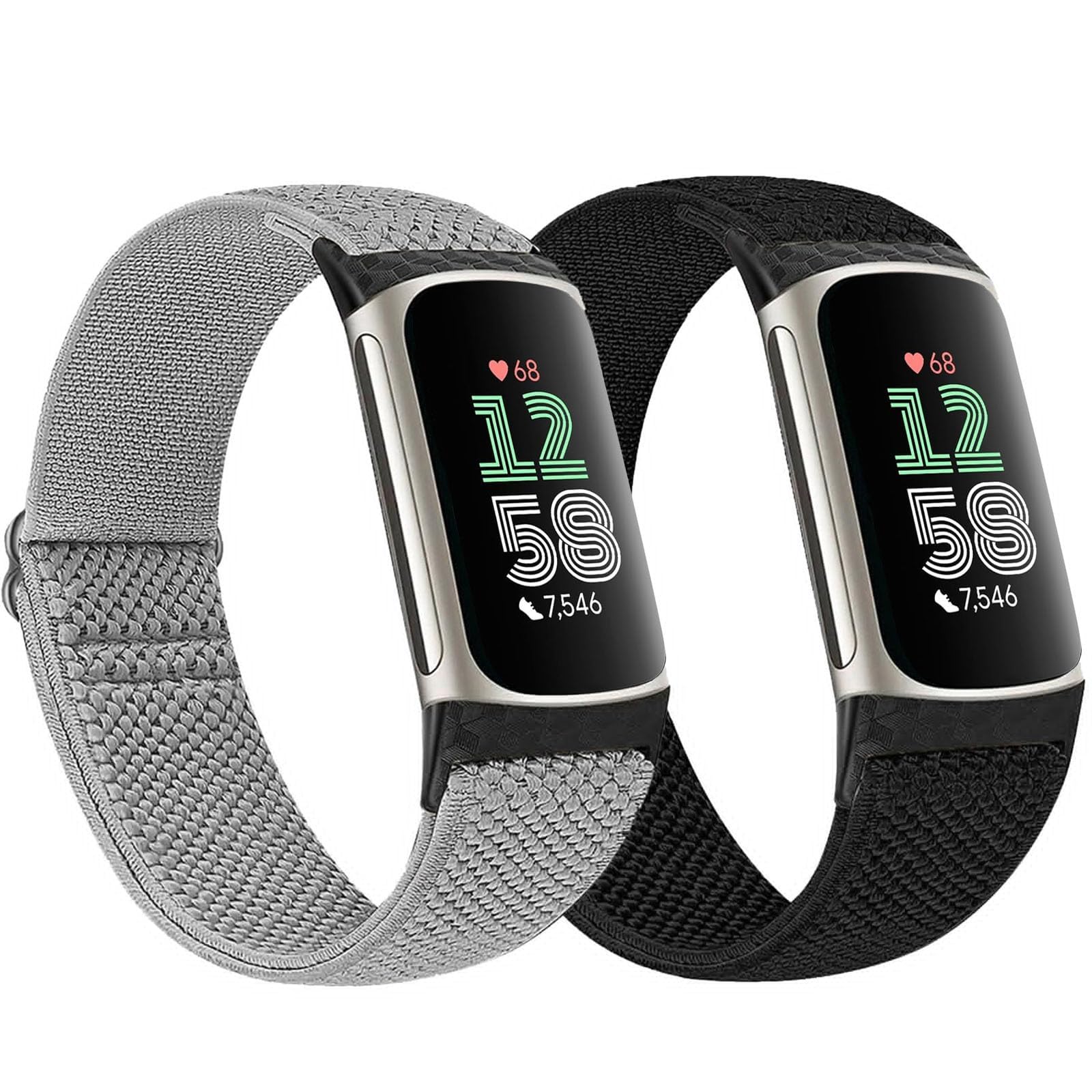 Newremote 2 Pack Elastic Nylon Straps Fit for Fitbit Charge 6 / Fitbit Charge 5 Strap, Classic Soft Breathable Adjustable Sport Smartwatch Replacement Wristband for Women Men (Black/Grey)