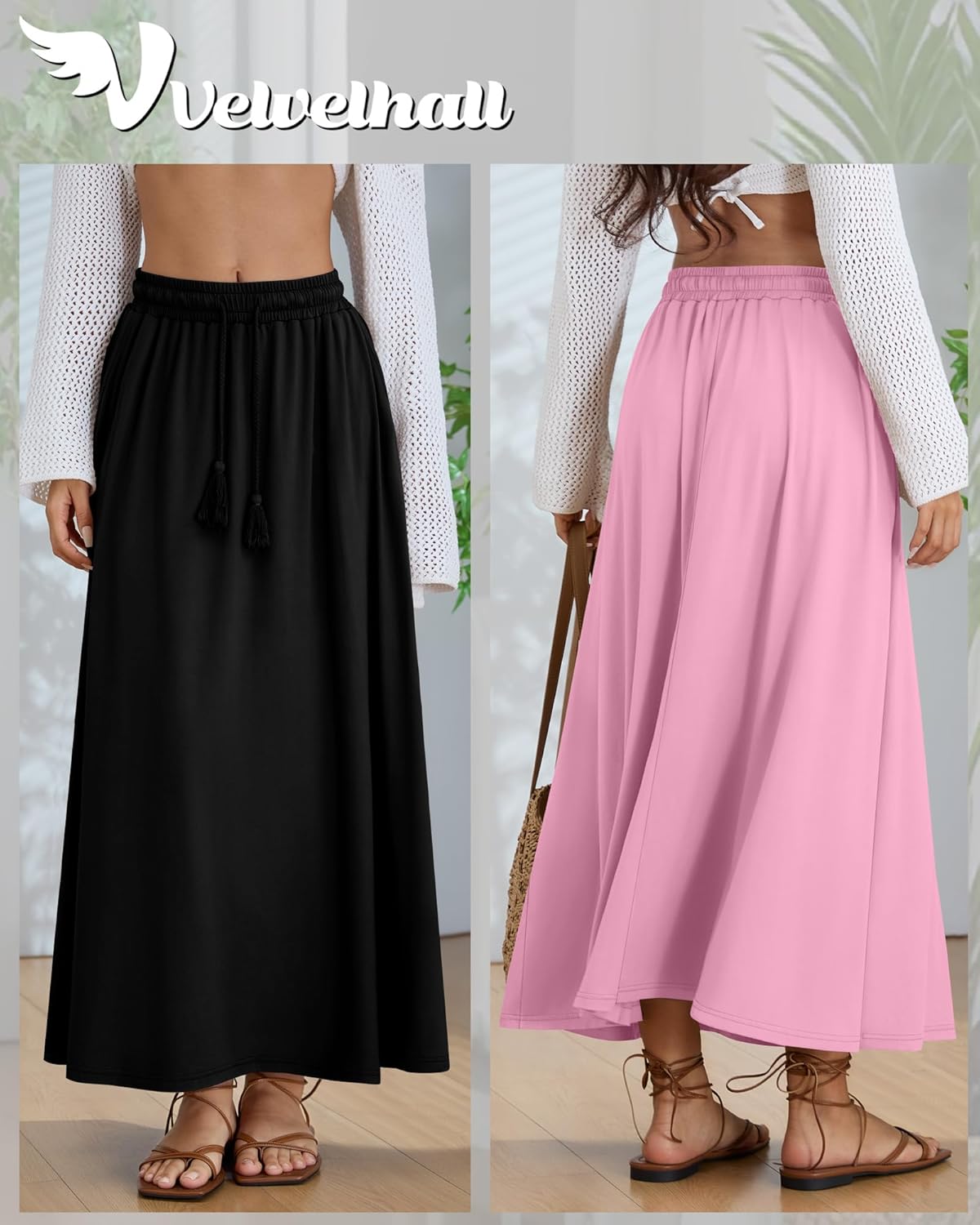 3 Pack Women's Maxi Long Skirts, Ankle Length a Line Elastic High Waist Flowy Boho Casual Skirt with Pockets - Image 2