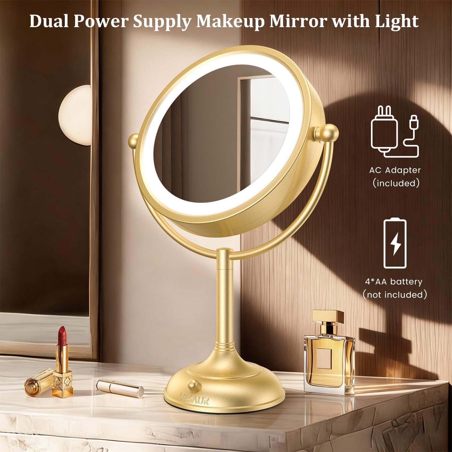 VESAUR 8.5'' Large Gold Lighted Makeup Mirror, 1X/10X Clear Seamless Magnifying Mirror, Bright Vanity Mirror with 3 Colors Dimmable Lights, Two-Sided 360°Rotation Stable Base, Luxury Nickel, Gift Box