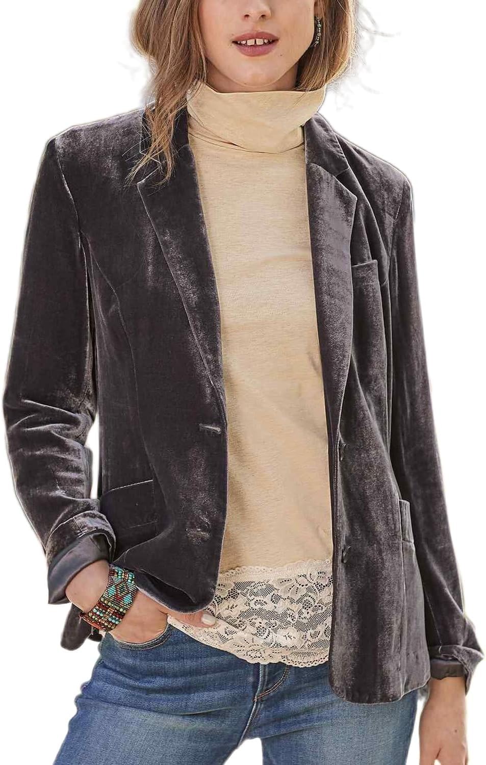 Womens Velvet Blazer Jacket Casual Button Up Long Sleeve Cardigan Suits Business Work Coat with Pockets