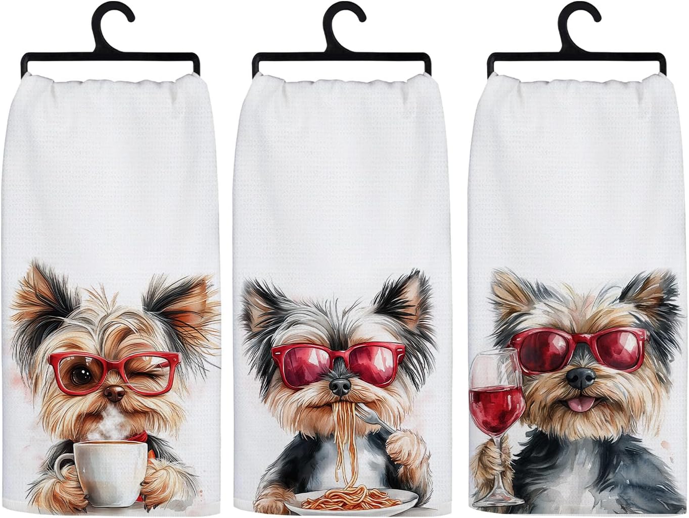Yorkshire Terrier Wine Coffee Spaghetti Kitchen Towels, Gifts for Yorkshire Terrier Dog Lovers Decorative Hand Towels, Wine and Coffee Lover Gifts Dish Tea Towel, 16x24 Inch Set of 3 Towels