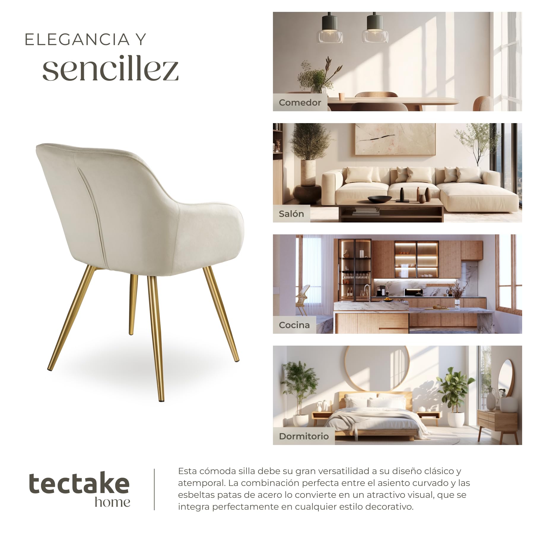 tectake® Juego de Sillas Tapizadas en Terciopelo, Sillas de Comedor Ergonómicas y Versátiles, Gran Estabilidad y Capacidad de Carga, Sillas Cocina Elegantes - 1 Silla Crema/Dorado