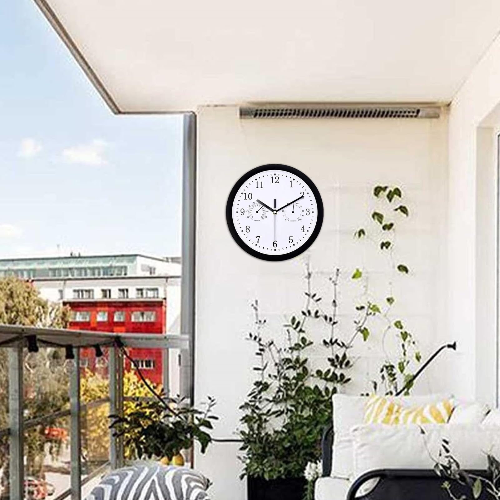 Genérico Relojes de Exterior Impermeables, Gran Reloj De Jardín con Alarma, Reloj De Pared Silencioso para Exteriores con Higrómetro para Patio, Piscina, Jardín, Terraza Y Decoración del Hogar