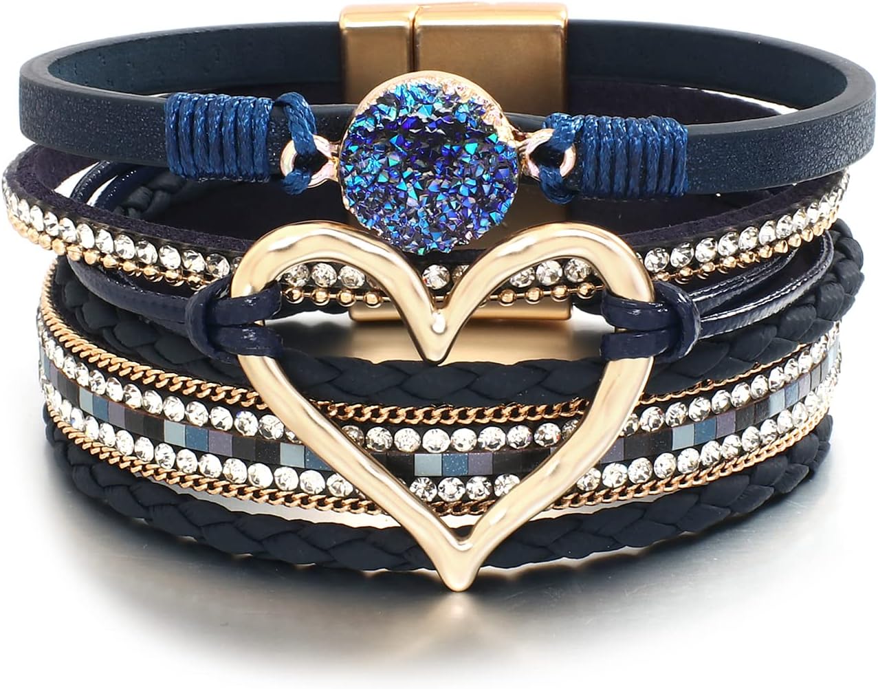 Leather Wrap Bracelet for Women Beaded Cuff Bracelet with Heart-shape Decor Bohemian Crystal Bracelet Jewelry with Clasp Bangle Bracelet for Women Girls Birthday Holiday Gift