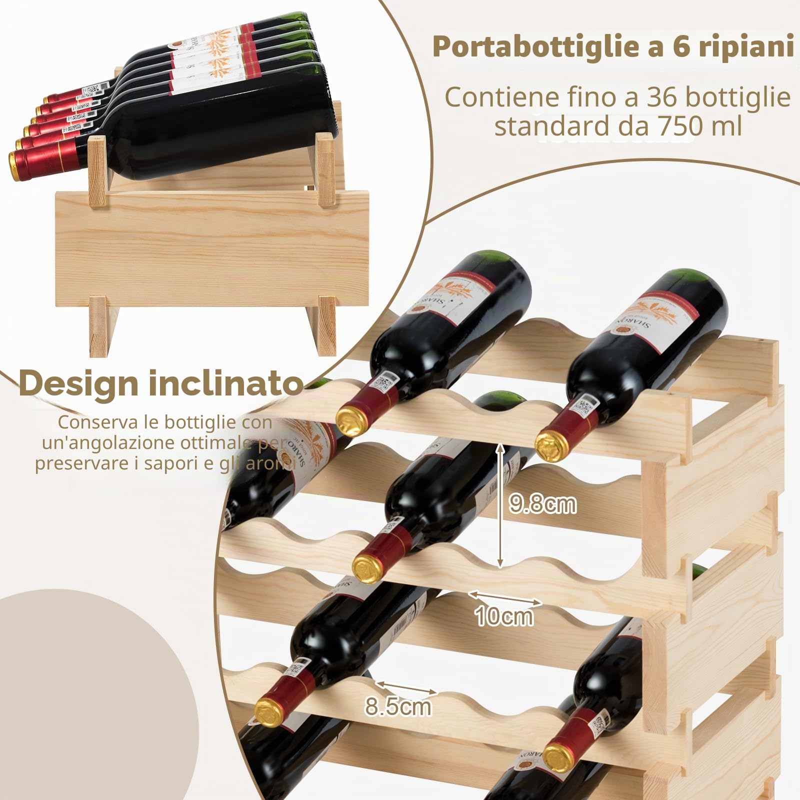 GIANTEX Scaffale Porta Bottiglie di Vino Fino a 36 Bottiglie, Cantinetta in Legno di Pino, 6 Ripiani, 63 x 28 x 85 cm, Naturale (36 Bottiglie)