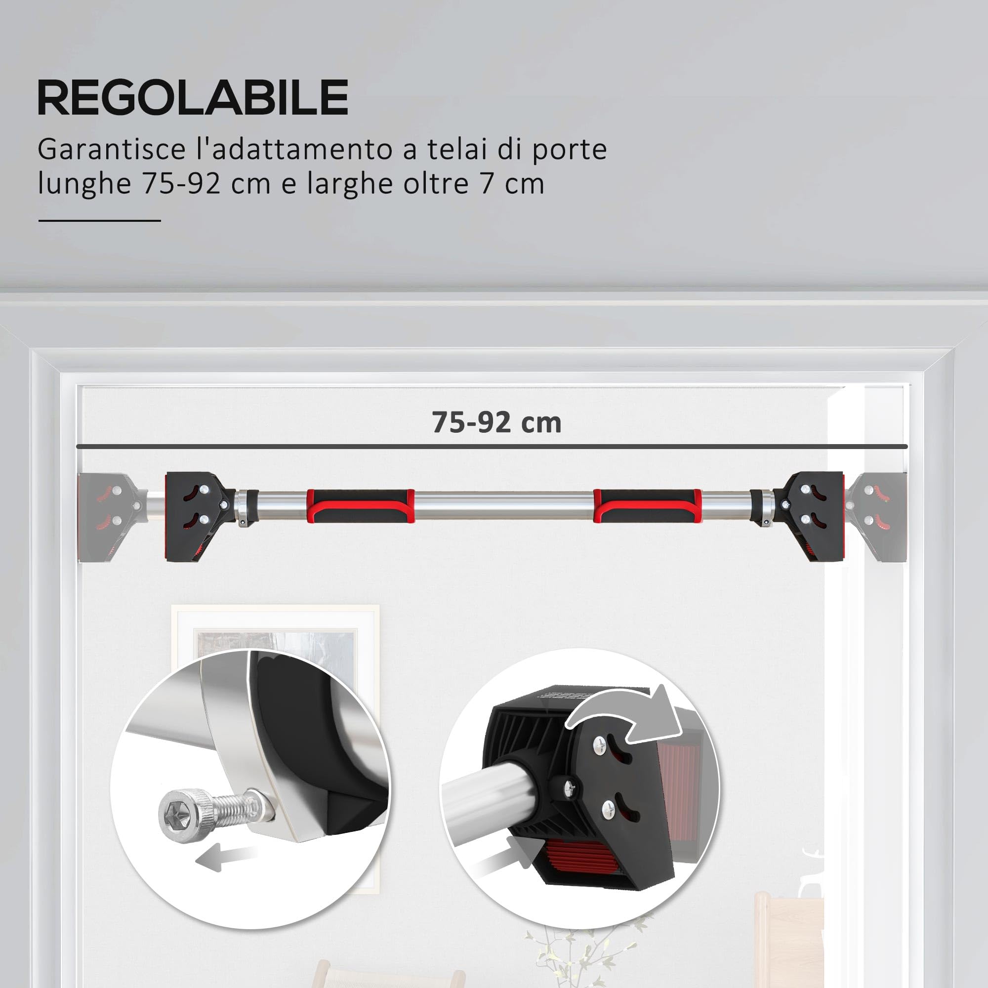 SPORTNOW Sbarra per Trazioni a Larghezza Regolabile 75-92 cm con Impugnature Antiscivolo, Barra Trazioni in Acciaio, ABS e Plastica, Carico 200kg, per Allenamento a Casa, Rosso e Nero