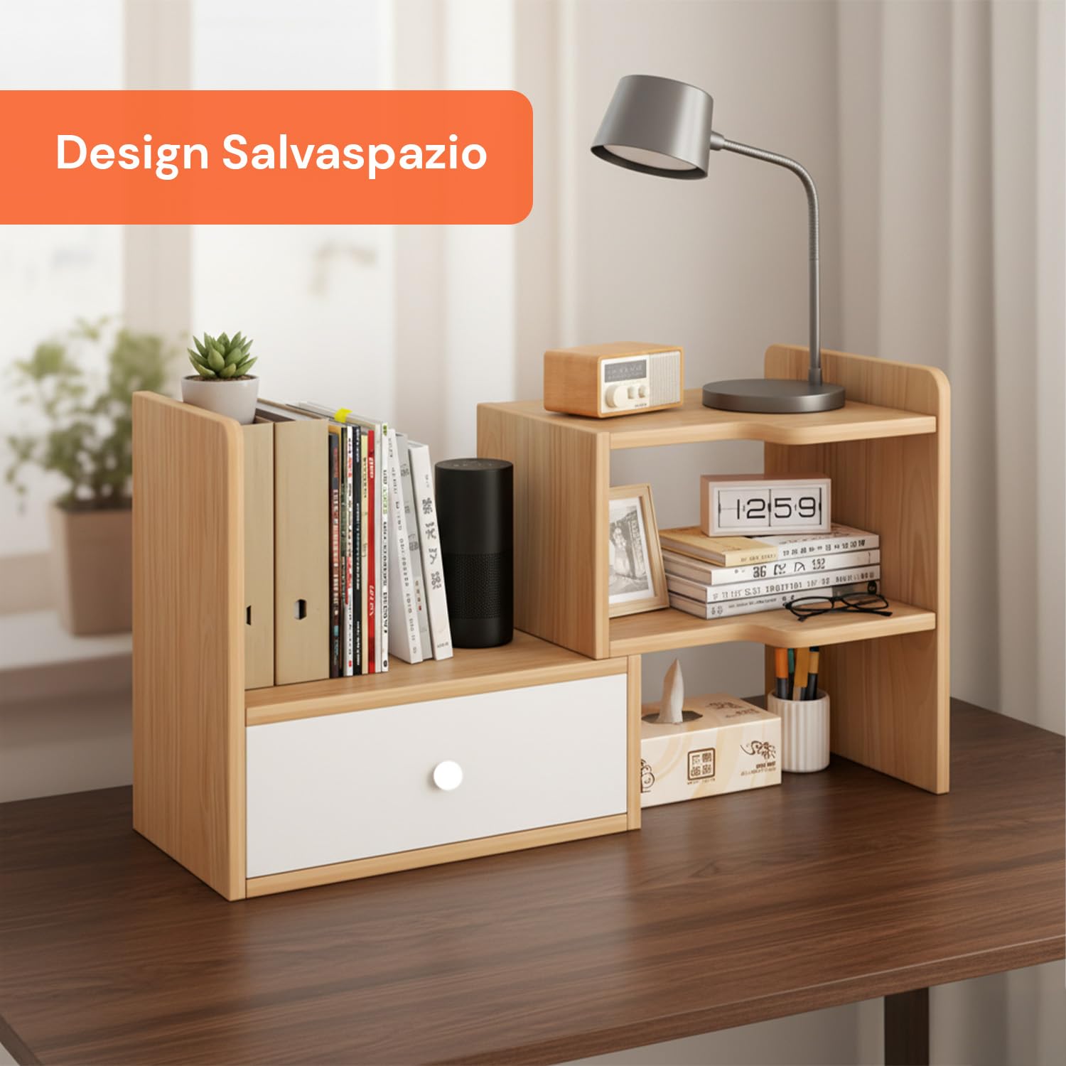 Avilia - Libreria da Scrivania in Legno con 5 Scomparti e 1 Cassetto Estensibile, Organizer Porta Libri da Scrivania Salvaspazio, Design Modulabile Facile da Montare e Resistente