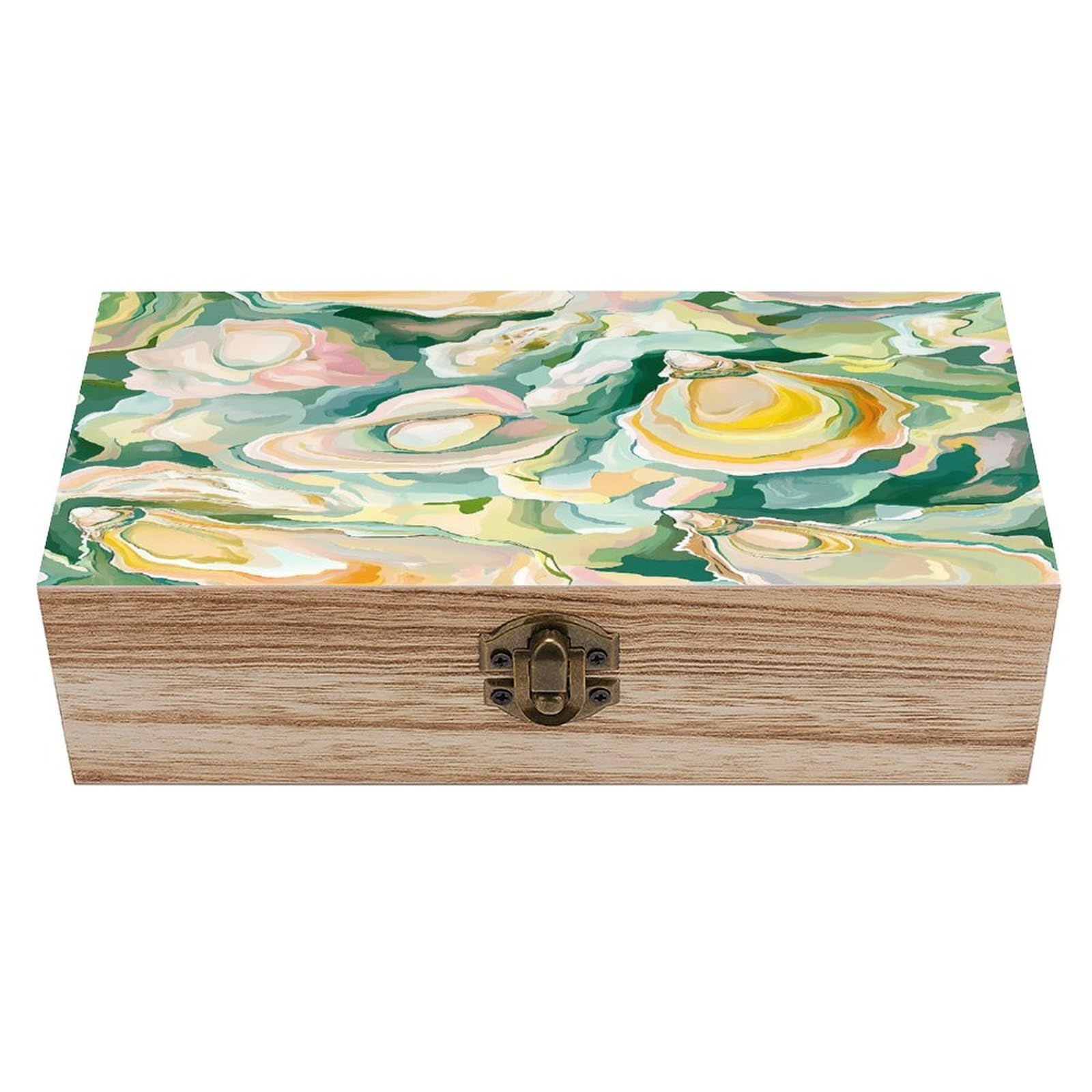 HLBSDM Oysters Watercolor Pattern Wooden Storage Box with Front Clasp Vintage Keepsake Boxes for Jewelry Decorative Gift Ideas for Men Women