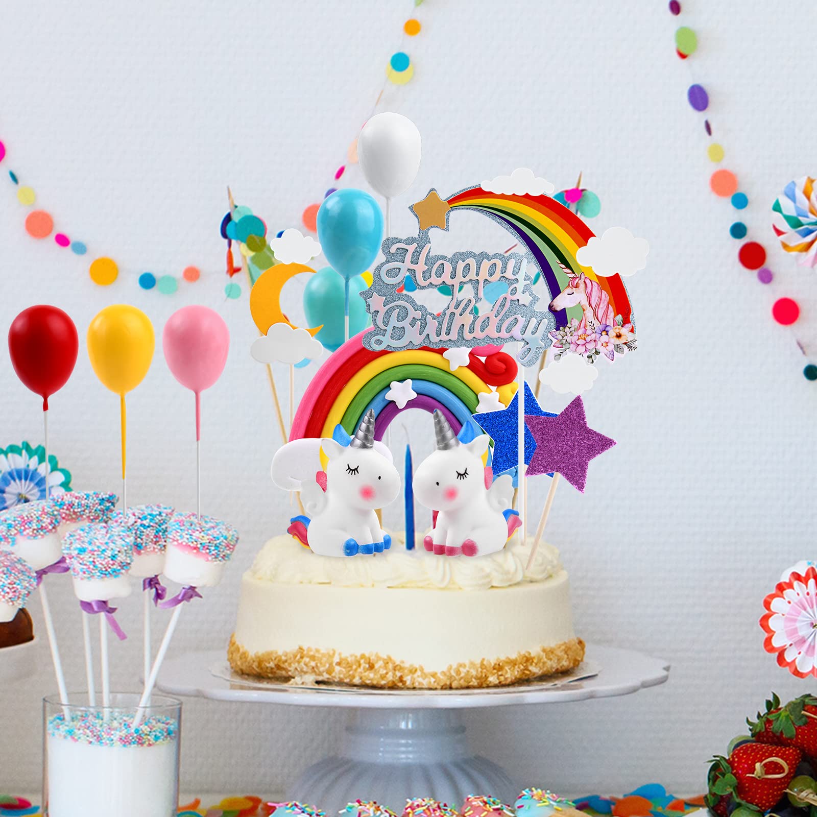 RISVOWO Decoration Gateau Licorne, Decoration Gateau Anniversaire Fille, 3D Arc en Ciel Ballon Cupcake Toppers, Cupcake Décoration, Topper Happy Birthday pour Enfants Fête d'anniversaire
