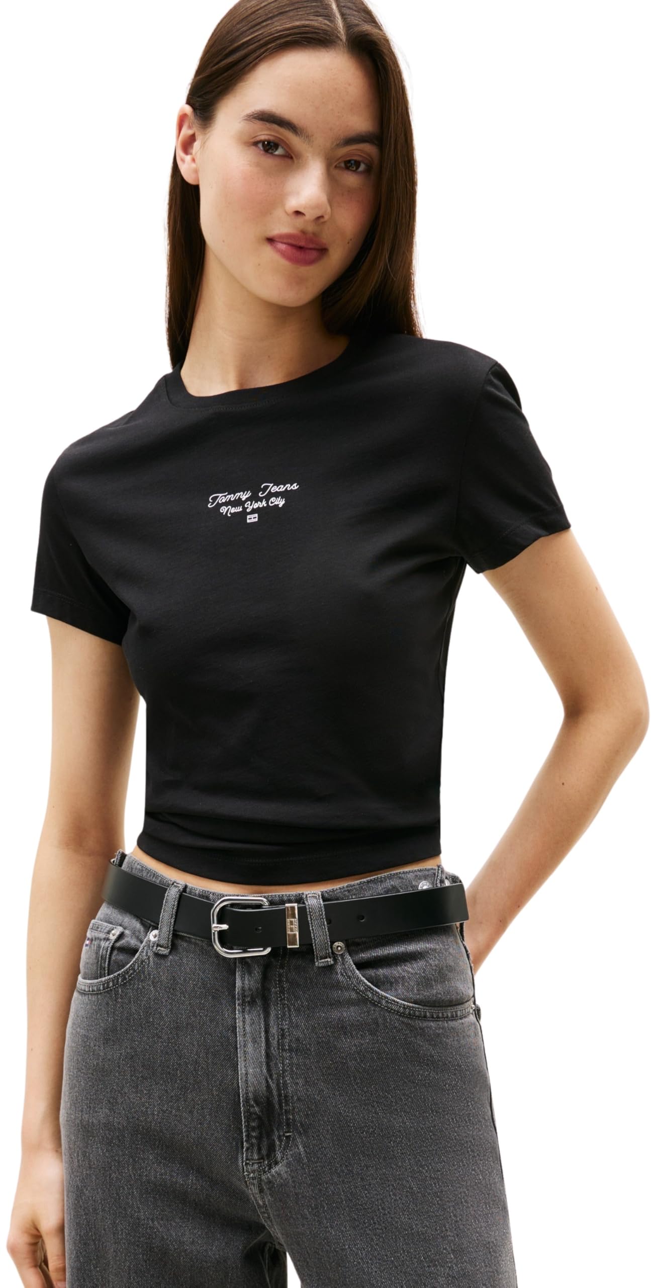 Tommy Jeans Womens Tjw Slim Ess Logo 1 Tee Ext Dw0dw21542 S/S T-Shirt, Black (Black), S UK