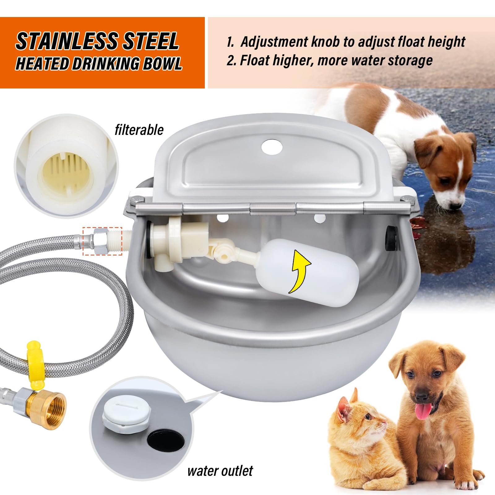 Abreuvoir Automatique pour Animaux De Compagnie, Gamelle Eau Chien en Acier Inoxydable, Pipe À Eau De 80 Cm, Vanne À Flotteur 1/2", pour Poules Chat Cheval Chevre
