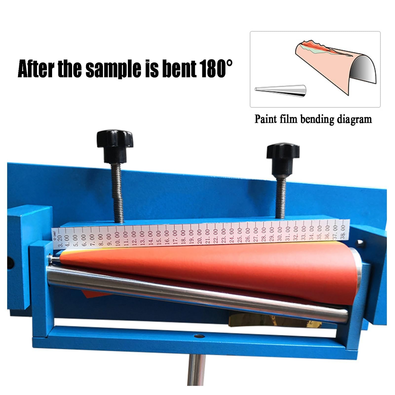 Tester di flessione a mandrino conico per la flessibilità dei rivestimenti, diametro 3,2-38 mm, lunghezza 203 mm, conforme alla norma ISO 1519.
