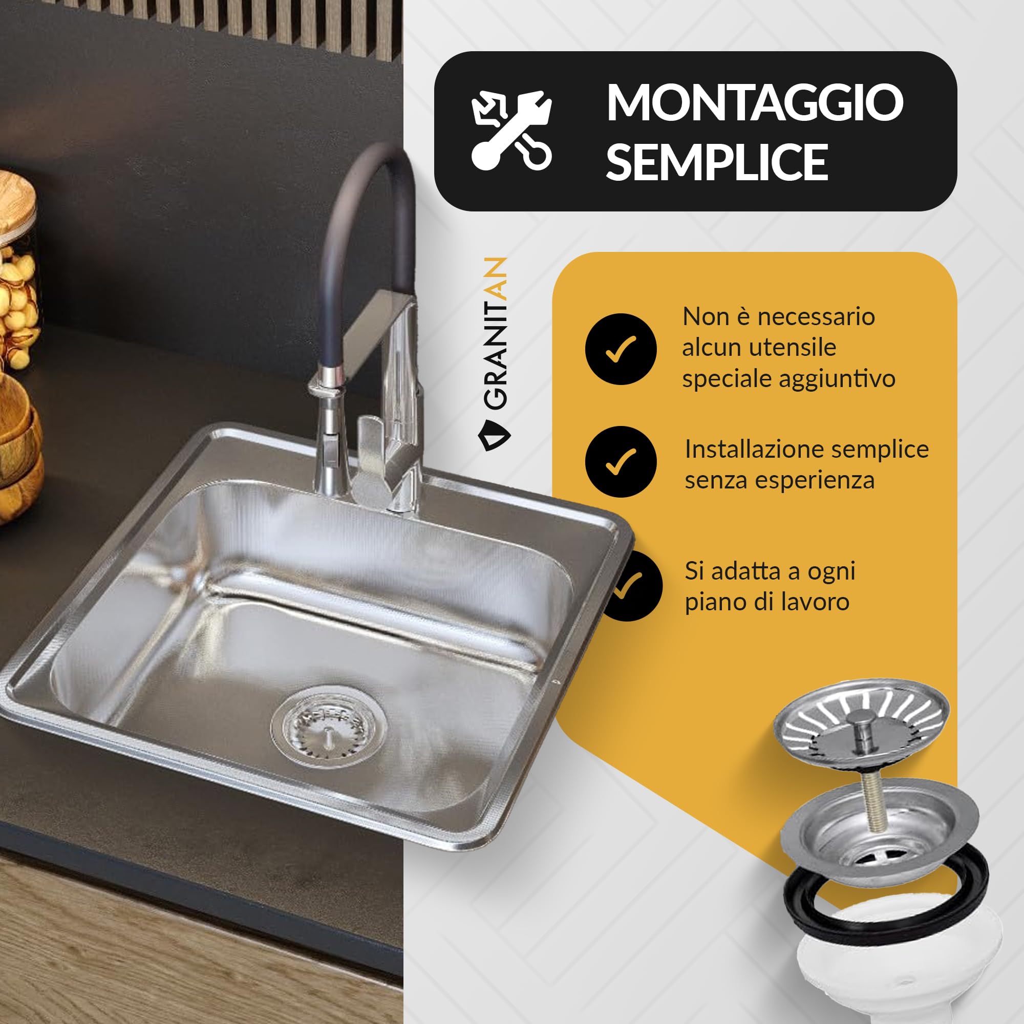 GRANITAN Lavello acciaio con sifone 38 x 38 cm - Lavandino da Incasso in Acciaio - Lavello in Acciaio Inox con Foro per Rubinetto per Lavabo - Diametro 92 mm - Lavabo per Cucina - Raso 38