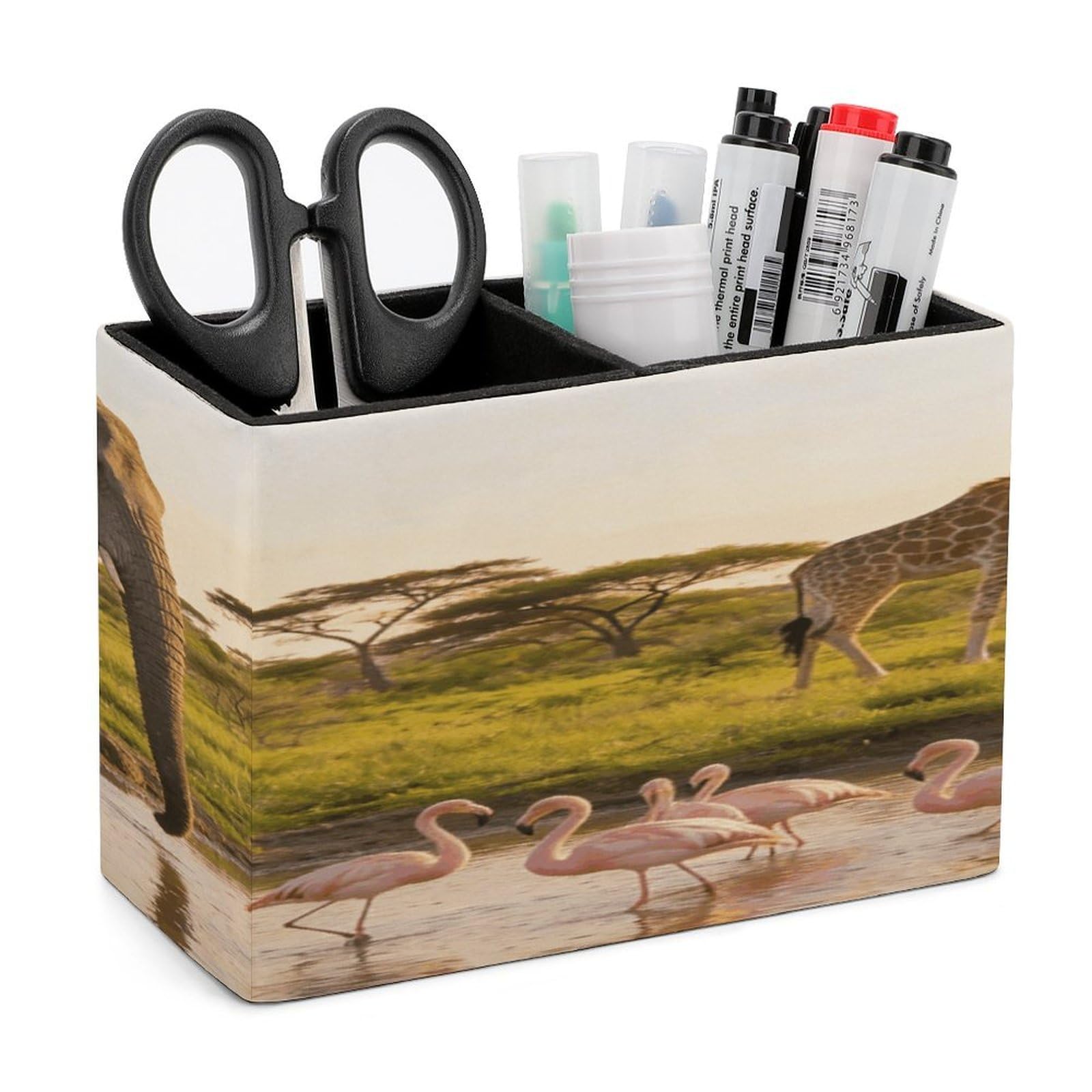 LZQPOEAS Elephant, Flamingo, Giraffe Pen Holder Double Compartments Pen Cup Makeup Brush Holders Leather Pencil Holder Locker Organizer for Work Locker Accessories Modern Pencil Cup for Desk