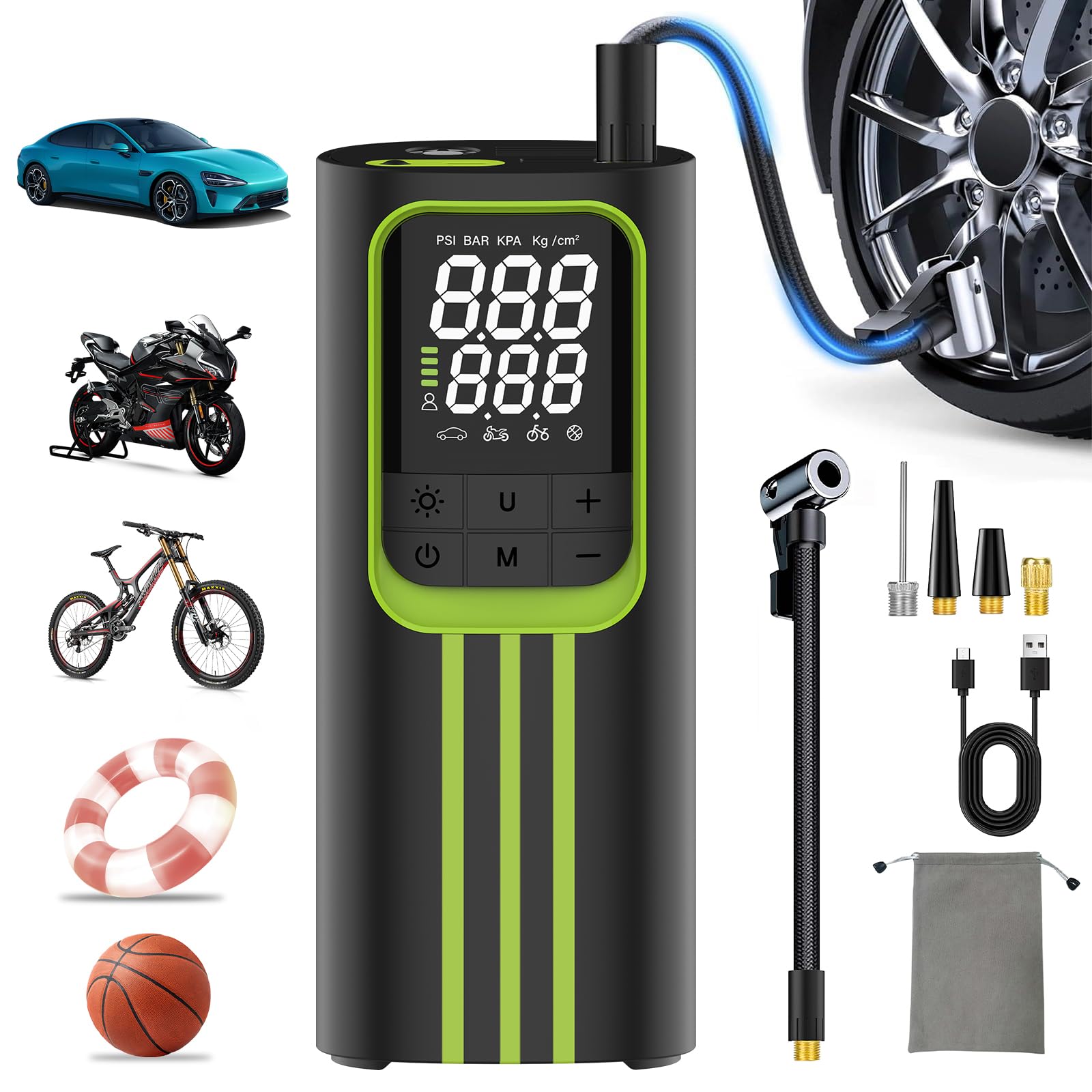 Compresor Aire Portatil, Inflador Ruedas Coche 150 PSI Inalámbrico, Batería Recargable con Pantalla Digital y Luz LED, Modos Automáticos de Inflado, para Coche, Moto, Bicicleta y Pelotas,Negro y verde