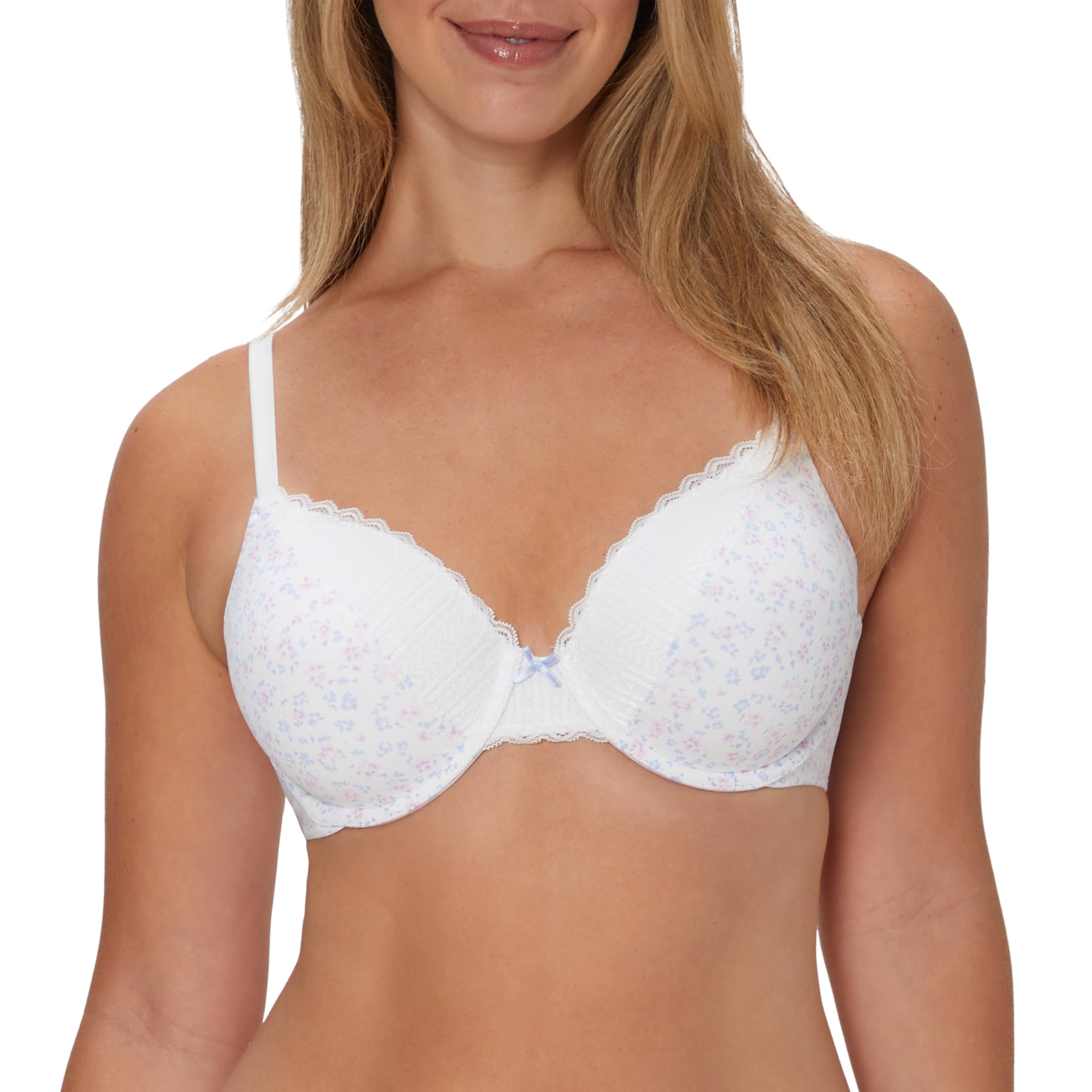 Maidenform Women's T-Shirt Underwire, Comfort Devotion Full Coverage Bras, White Cottage Print/Sky Blue Bow, 40B