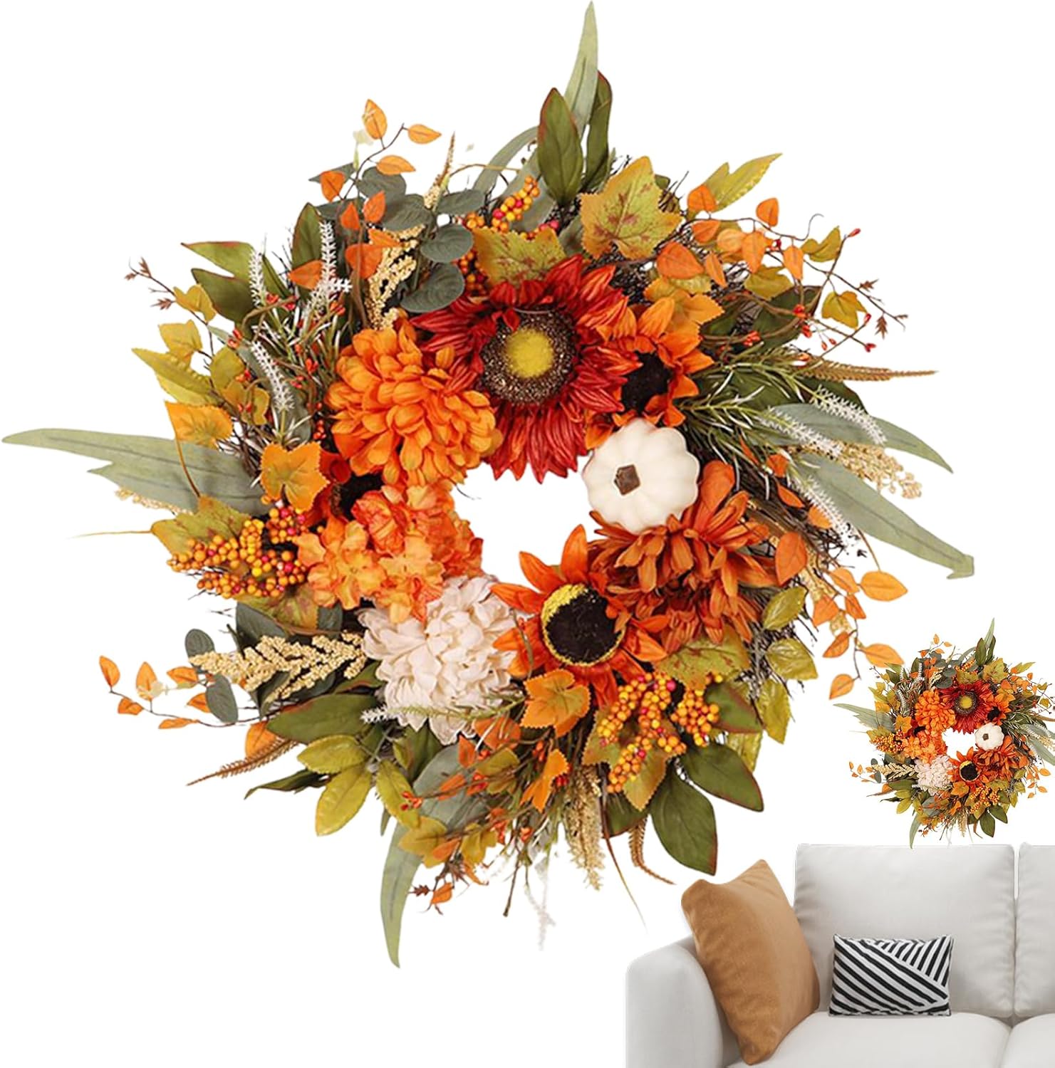 人工秋のカエデ - ひまわりと果実の秋の花輪 | 農家スタイルのドアガーランドウェルカムサイン 休日の収穫の装飾 屋外 壁 窓 ホー