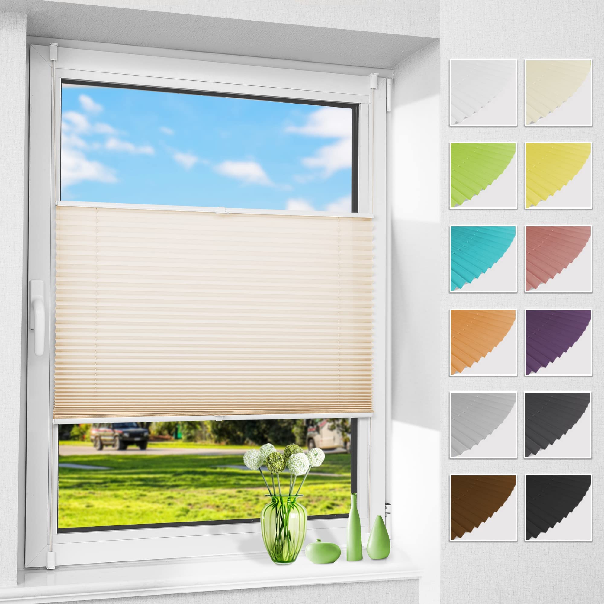 Allesin Plissee ohne Bohren Plissees Klemmfix Creme 60x100cm(BxH), Plisseerollo Faltrollo mit Klemmträger, Jalousie Rollos für Fenster und Tür, Sichtschutz und Sonnenschutz