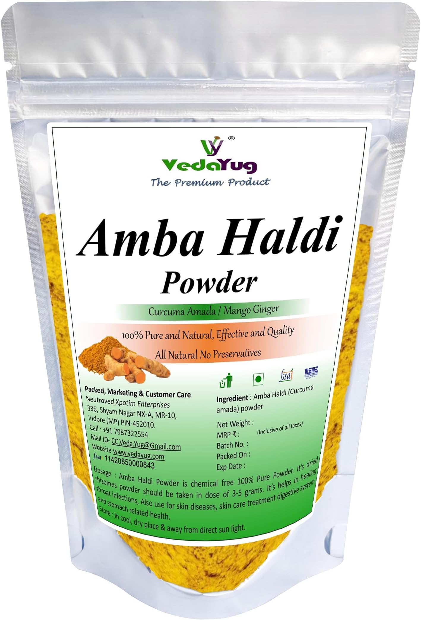 Amba Haldi Powder | Curcuma Aromatica | Herbal Ubtan for Face Packs, Scrubs & DIY Skincare – 100g