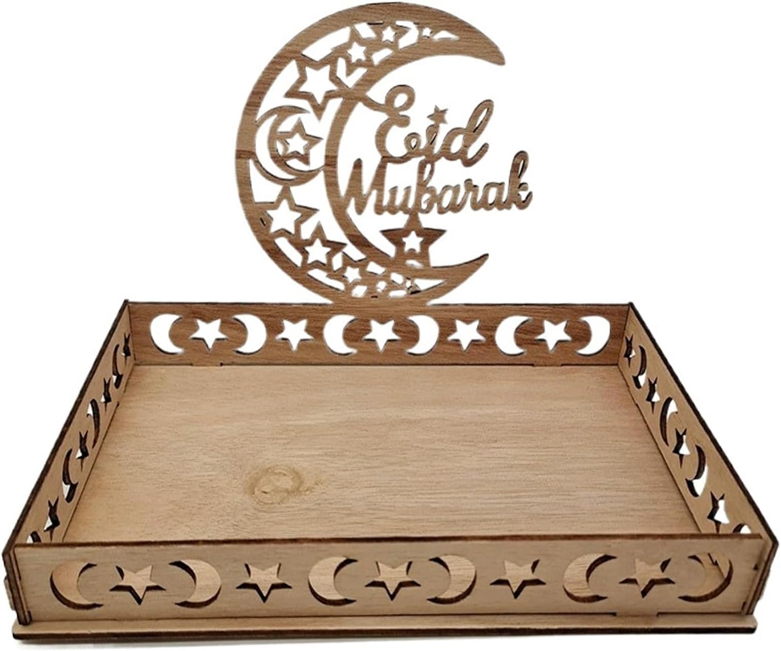 Wooden Eid Mubarak Dessert Tray 1Pcs, Eid Mubarak Moon Star Plate, Ramadan Dessert Tray, Ramadan Mubarak Tray for Party Serving Tray, Ramadan Decorations for Table (A)