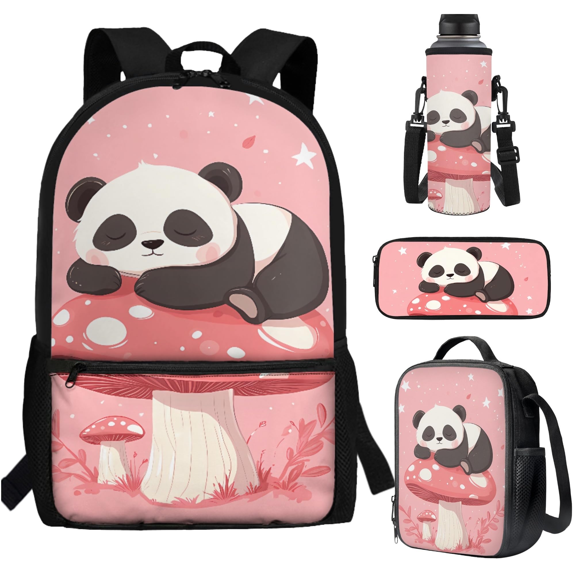 Simpatico zaino con portapranzo astuccio porta bottiglia d'acqua 4 in 1 borsa per libri scolastici elementari set regali, Fungo Panda Carino Rosa, Taglia unica