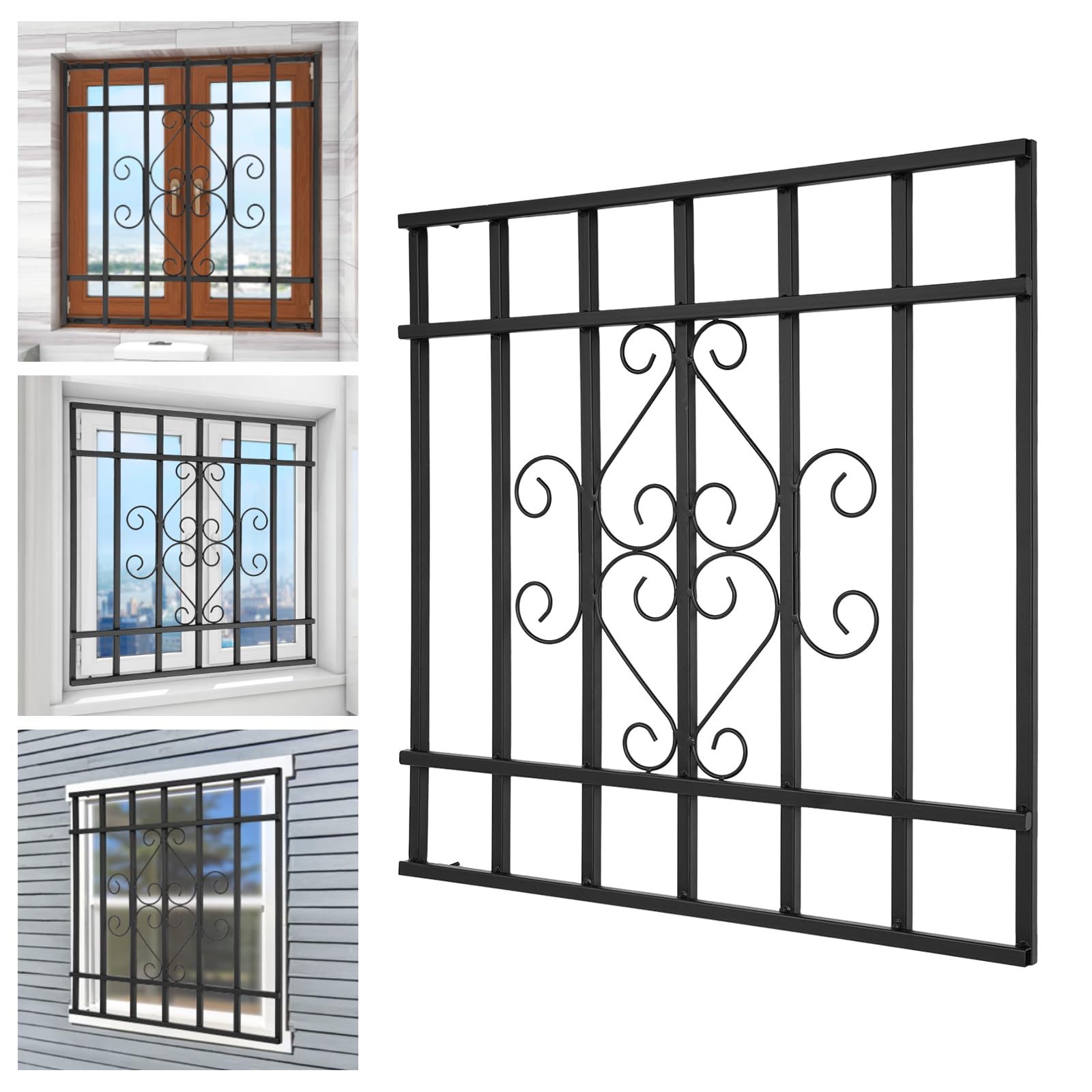 Barres de sécurité carrées de 61 x 61 cm en métal robuste pour maison, chambre à coucher, salon, hôtel, noir