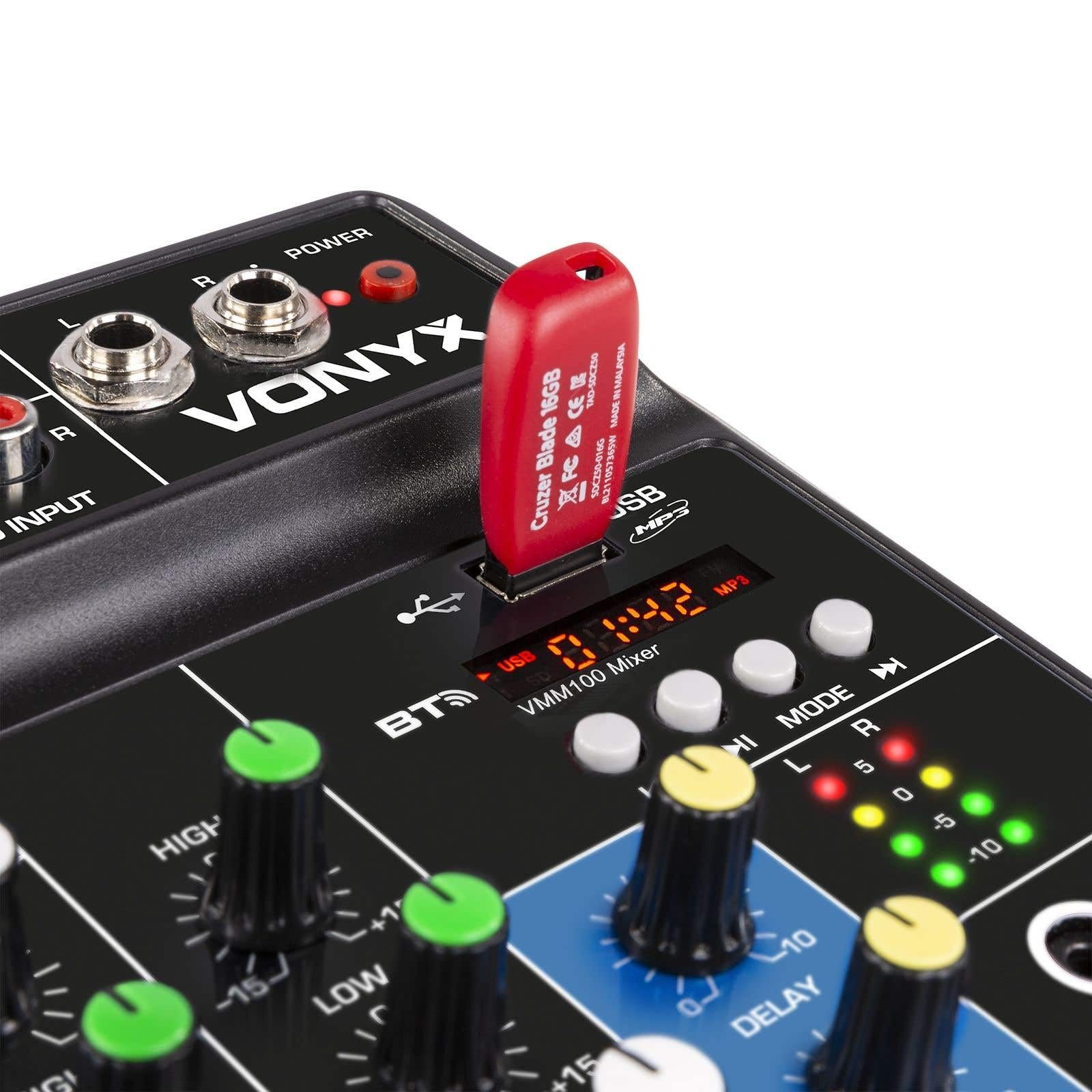 Vonyx VMM100 Mezclador Audio con USB, bluetooth, display, efecto delay, ecualizador de 2 bandas, 2 entradas de micro XLR/Jack, phantom +48v, entrada estéreo, ideal para pequeños eventos o fiestas