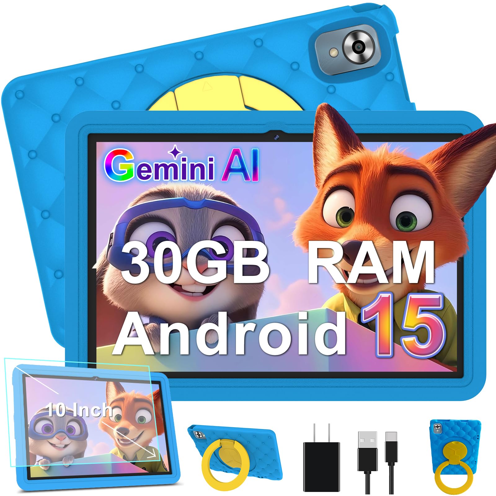 DMOAO Tablette Enfants 10 Pouces Android 15 avec 30Go RAM (TF 2To), 5G WI-FI 6, Widevine L1, Contrôle Parental, 8-Core, Tablette Tactile avec Coque Antichoc EVA + Support Rotatif à 360°, Bleu - 2
