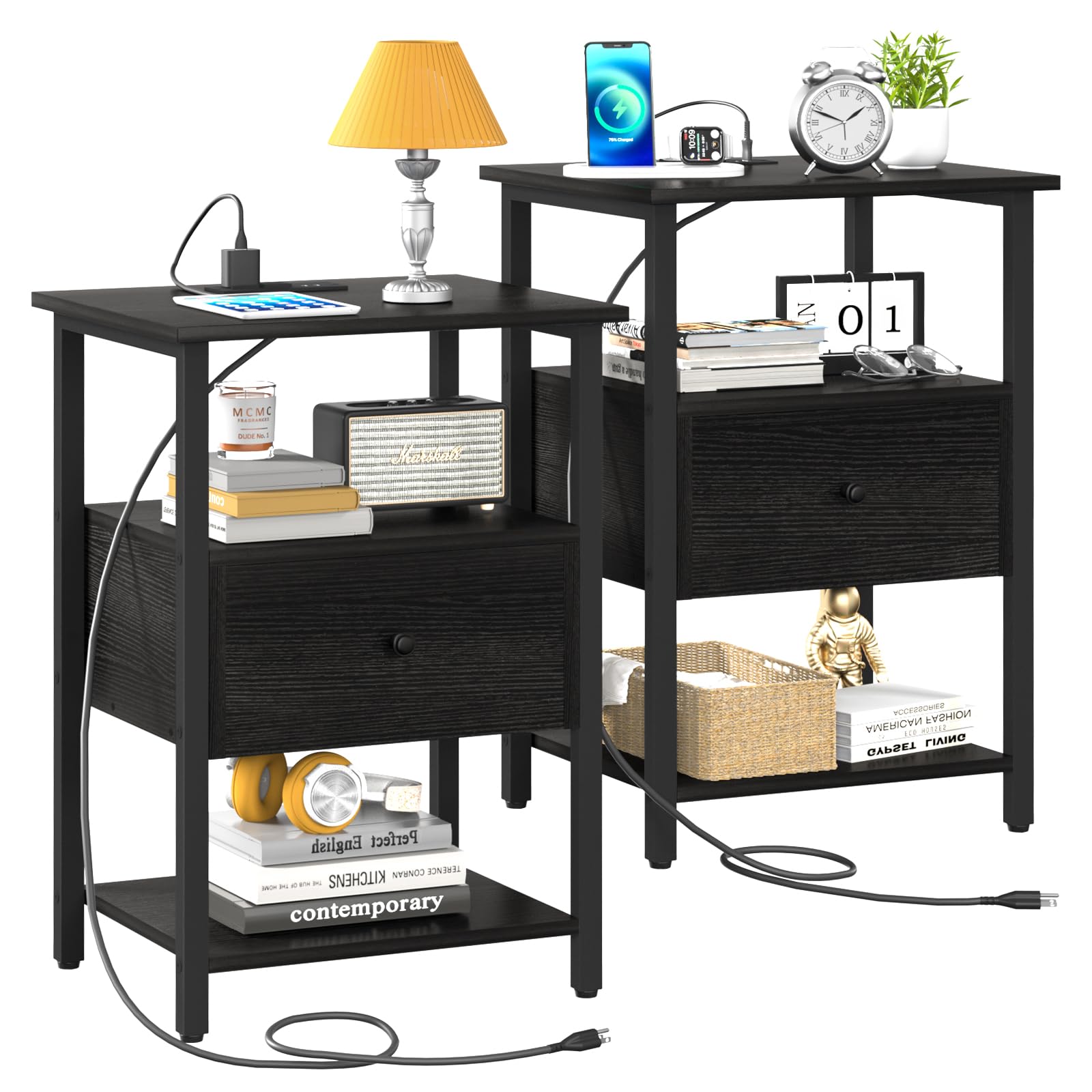 Photo 1 of **SEE NOTES, PARTS ONLY**
Yoobure Nightstands Set of 2, Night Stand with Charging Station Night Stand with USB Ports, 11"D x 15"W x 23"H