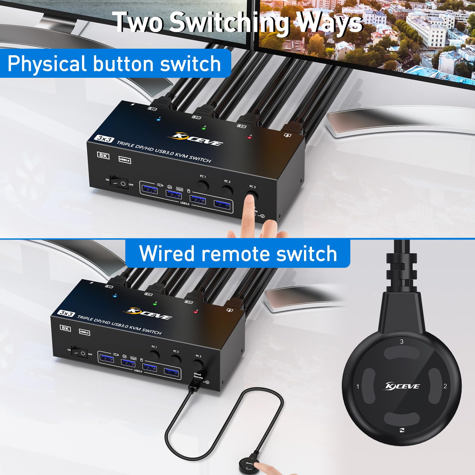 KVM Switch 3 Computer 3 monitory, KCEVE HDMI + DisplayPort USB 3.0 KVM, przełącznik 8K 30 Hz/4k 144 Hz, potrójny monitor KVM do 3 komputerów, 3 wyświetlaczy i 4 urządzeń USB 3.0