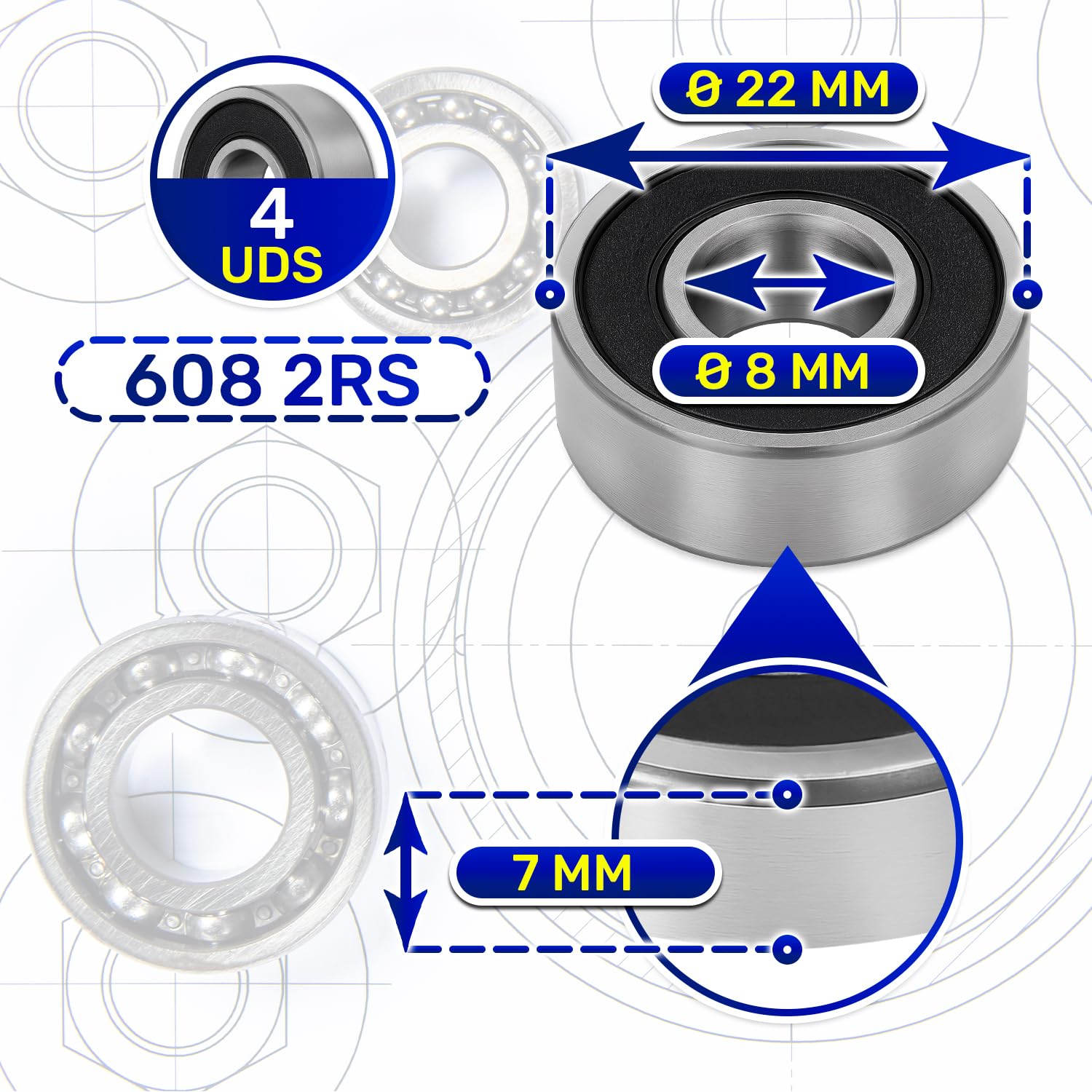 Rodamientos de Bolas 608 2RS 8x22x7 mm MONTERAL