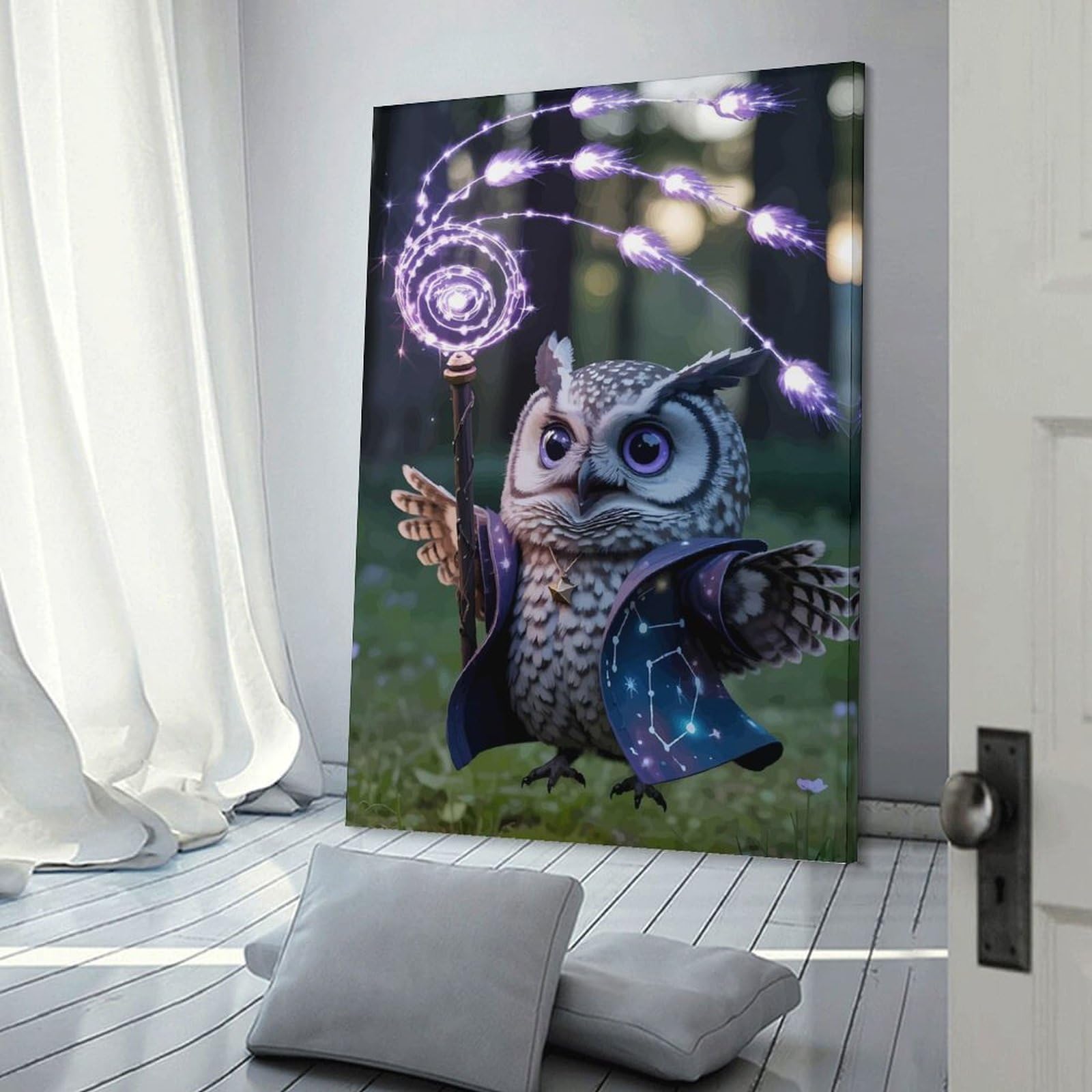 Junmoney Wizard Owl with Magic Staff Home Decor Wall Art, 24x36inch(60x90cm), for Home Walls, Creative Rooms Or Shared Spaces, An Adaptable Decor Piece for Home Use