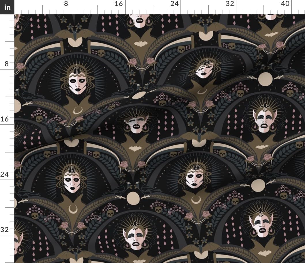 Spoonflower Fabric - Art Deco Gothic Spooky Witchy Monster Vampire Large Scale Whimsigoth Printed on Petal Cotton Fabric Fat Quarter - Sewing Quilting Apparel Crafts Decor