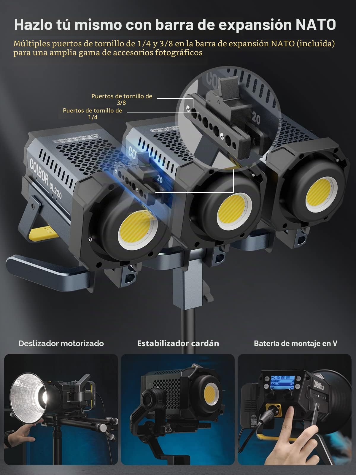 Luz de Video, COLBOR CL220 Pro 220W Luz Continua Fotografia 2700~6500K CRI97+ 52700Lux at 1m Lámpara Studio con Montura Bowens App 10 Efectos de Iluminación, Luz-Video-LED-Estudio-Fotografía