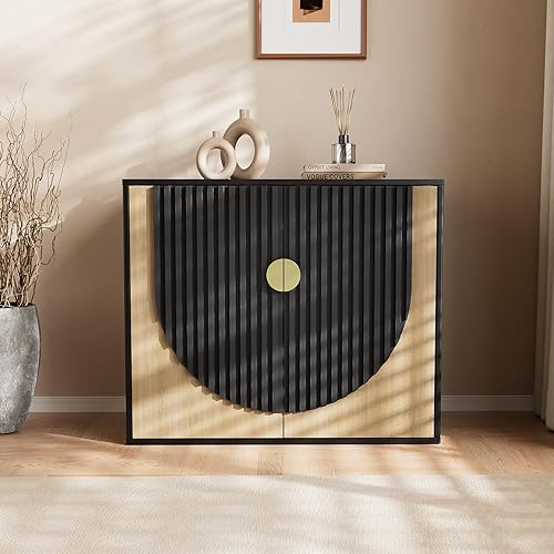 Aparador de buffet acanalado de 33 pulgadas con almacenamiento, mesa consola modular moderna con puertas arqueadas simétricas, elegante creenza para