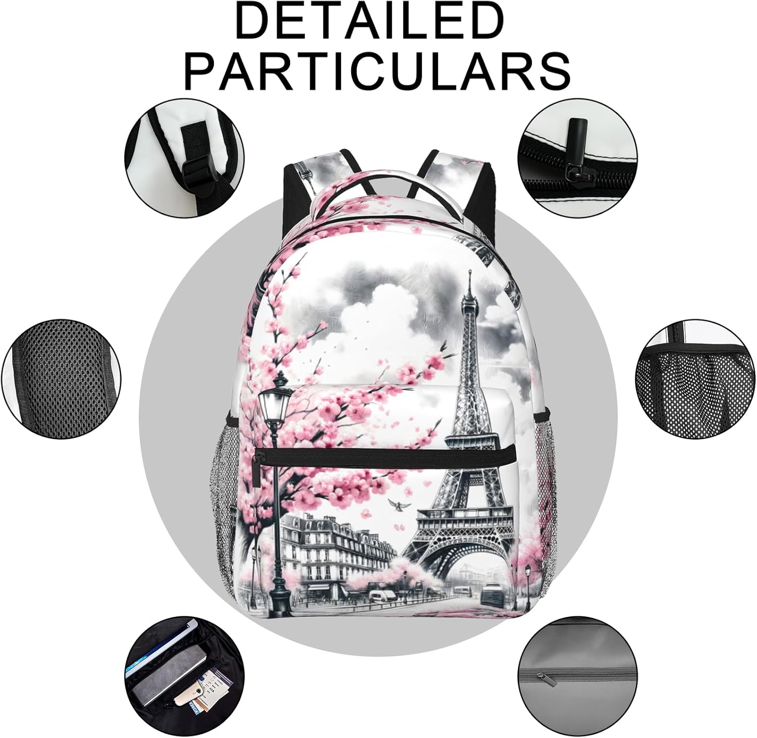 Paris Backpack, Lightweight Backpacks for Travel Work School Sport, Romantic Back Pack Gift for Women Girls, Eiffel Tower and Cherry Blossom Laptop Books Casual Daypack, 11.4×5.9×15.7 Inch