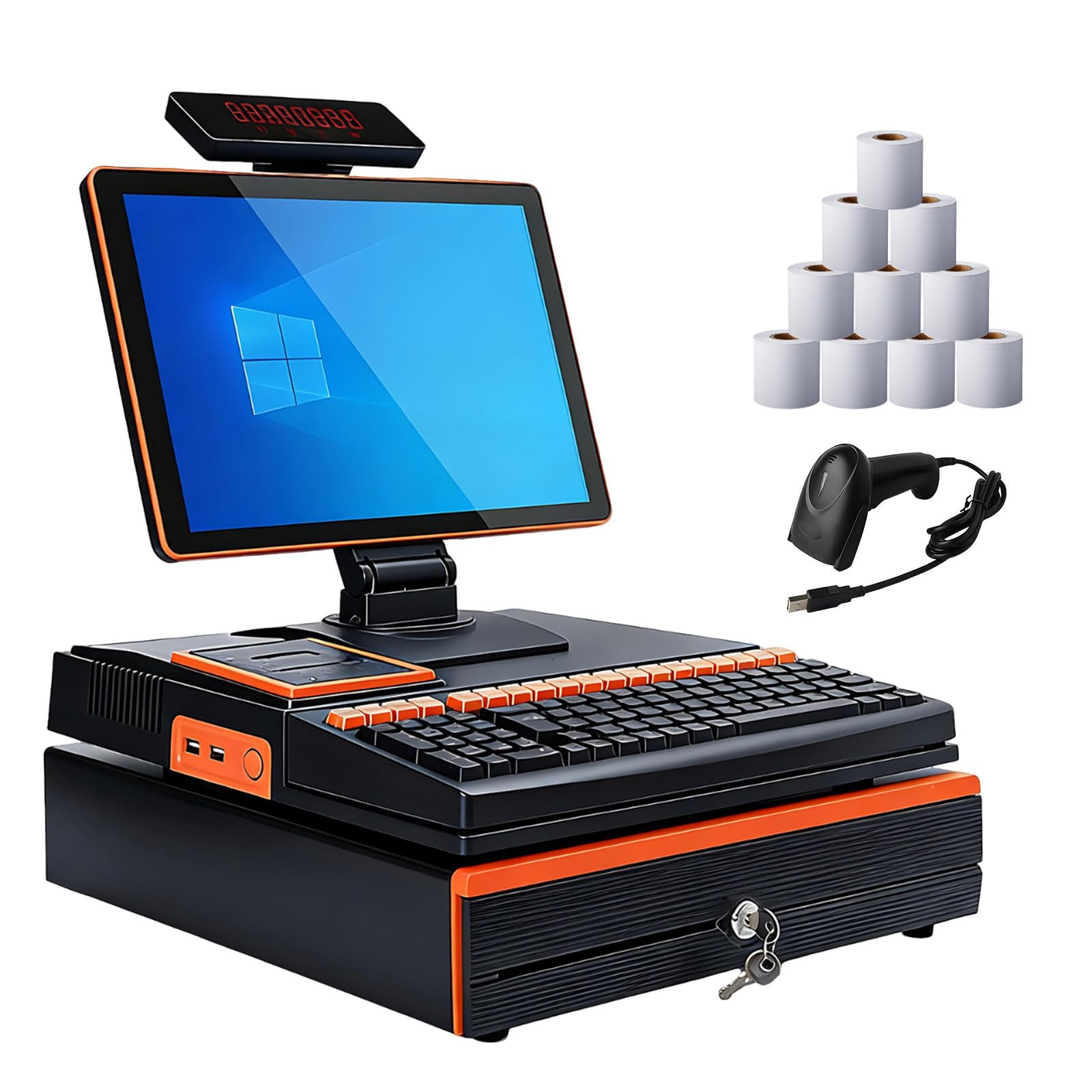 Intelligentes Kassensystem – All-in-One Epos Für Einzelhandel, Ein/Doppelter Bildschirm, Intel Core I5, 8 +128 GB , 58-Mm-Bon-Drucker, Ladenlade, Barcodescanner, 10 Rollen Papier Orange-SingleScreen